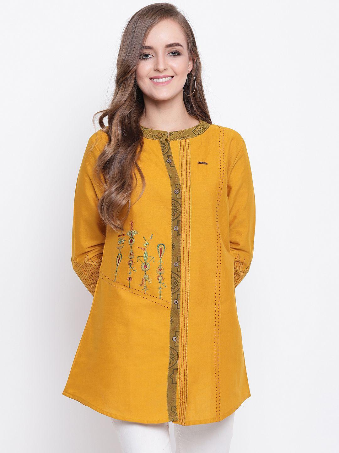 kvsfab-women-mustard-yellow-embroidered-a-line-kurti