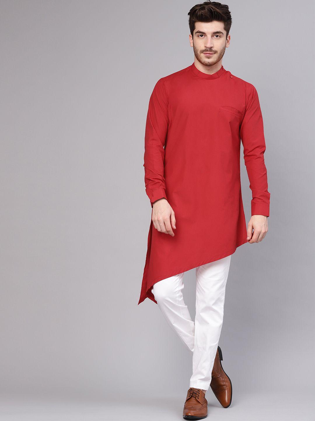 see-designs-men-red-solid-asymmetric-hemline-straight-kurta