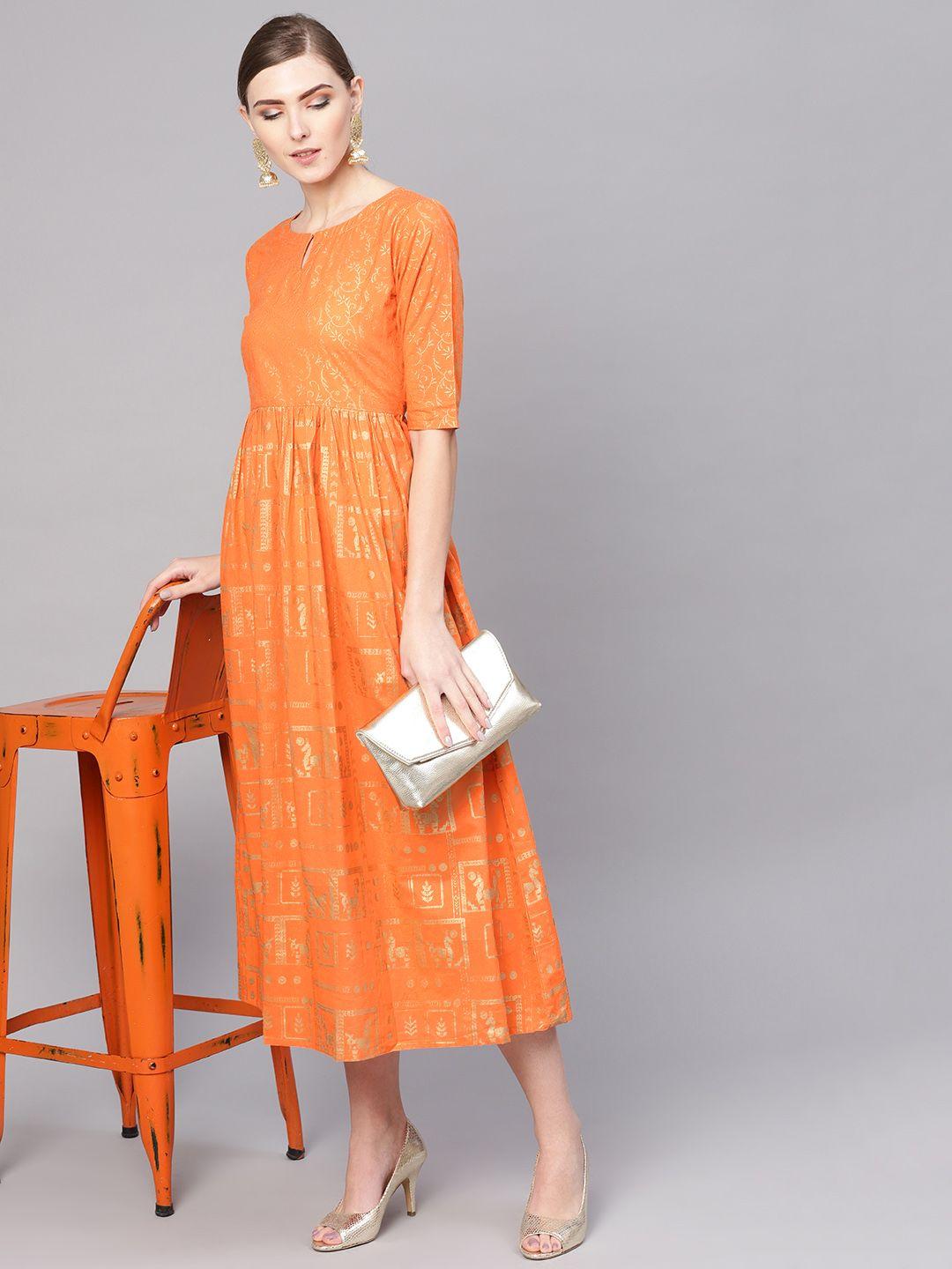 gerua-women-orange-&-golden-block-print-maxi-dress