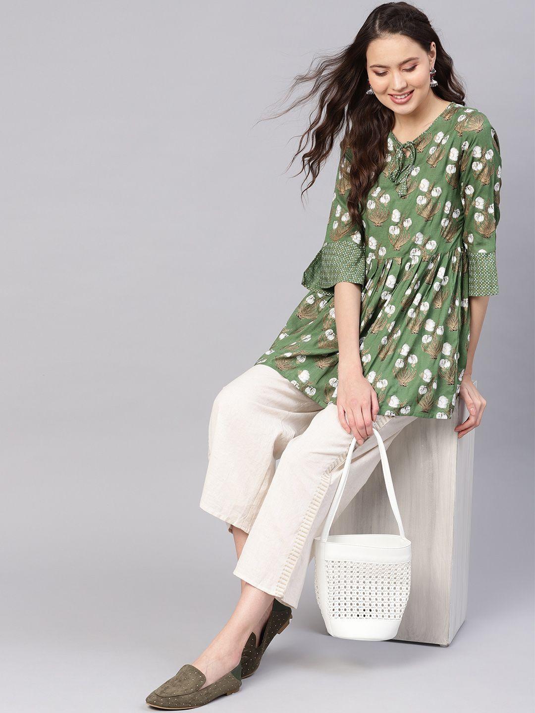 nayo-women-green-&-white-printed-a-line-tunic