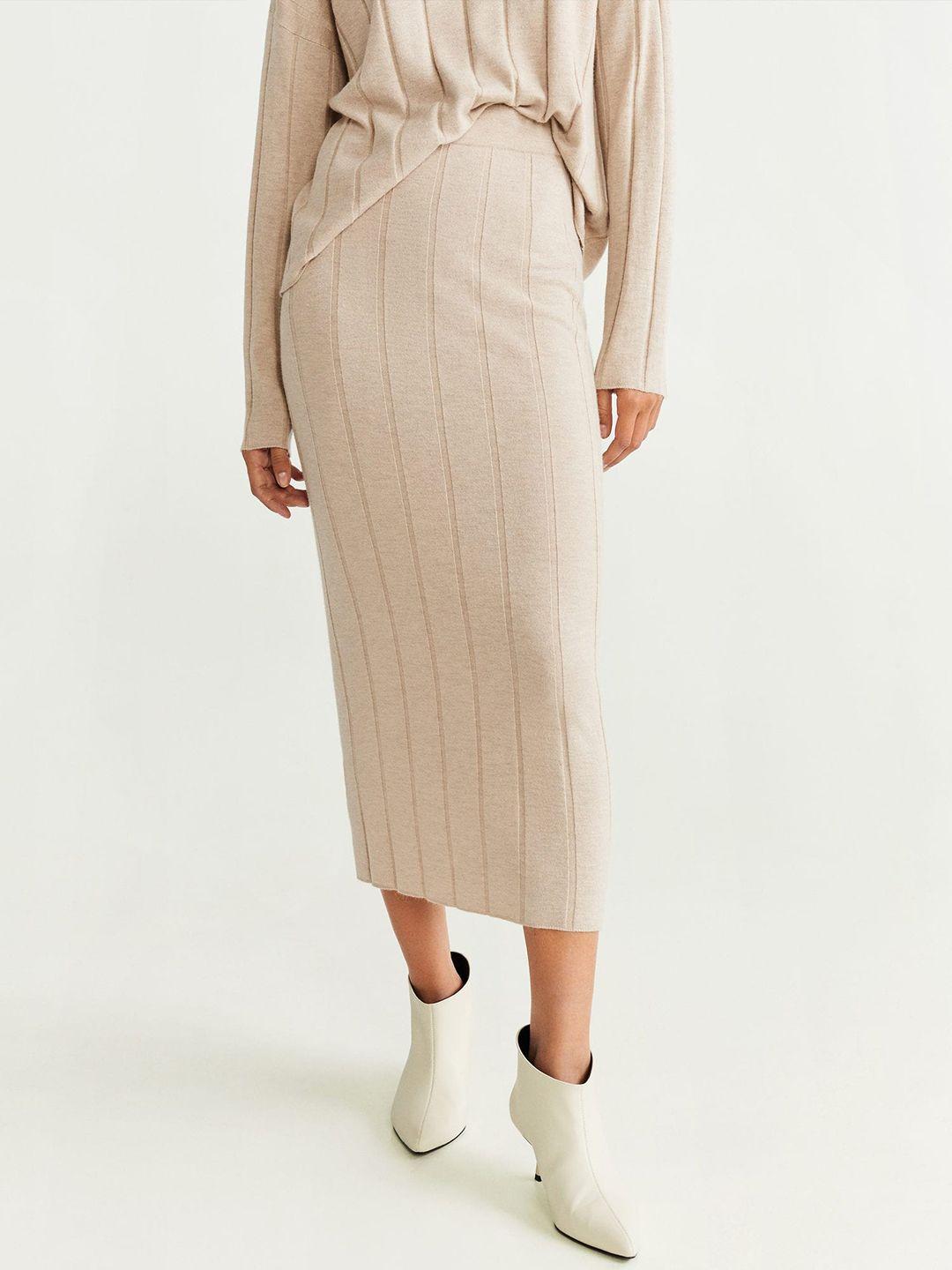 mango-women-beige-self-striped-midi-straight-skirt