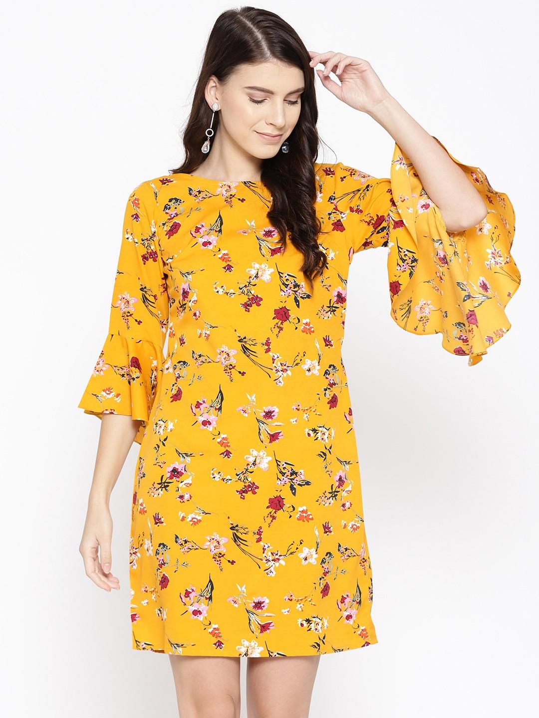 mabish-by-sonal-jain-women-mustard-yellow-&-pink-floral-printed-shift-dress