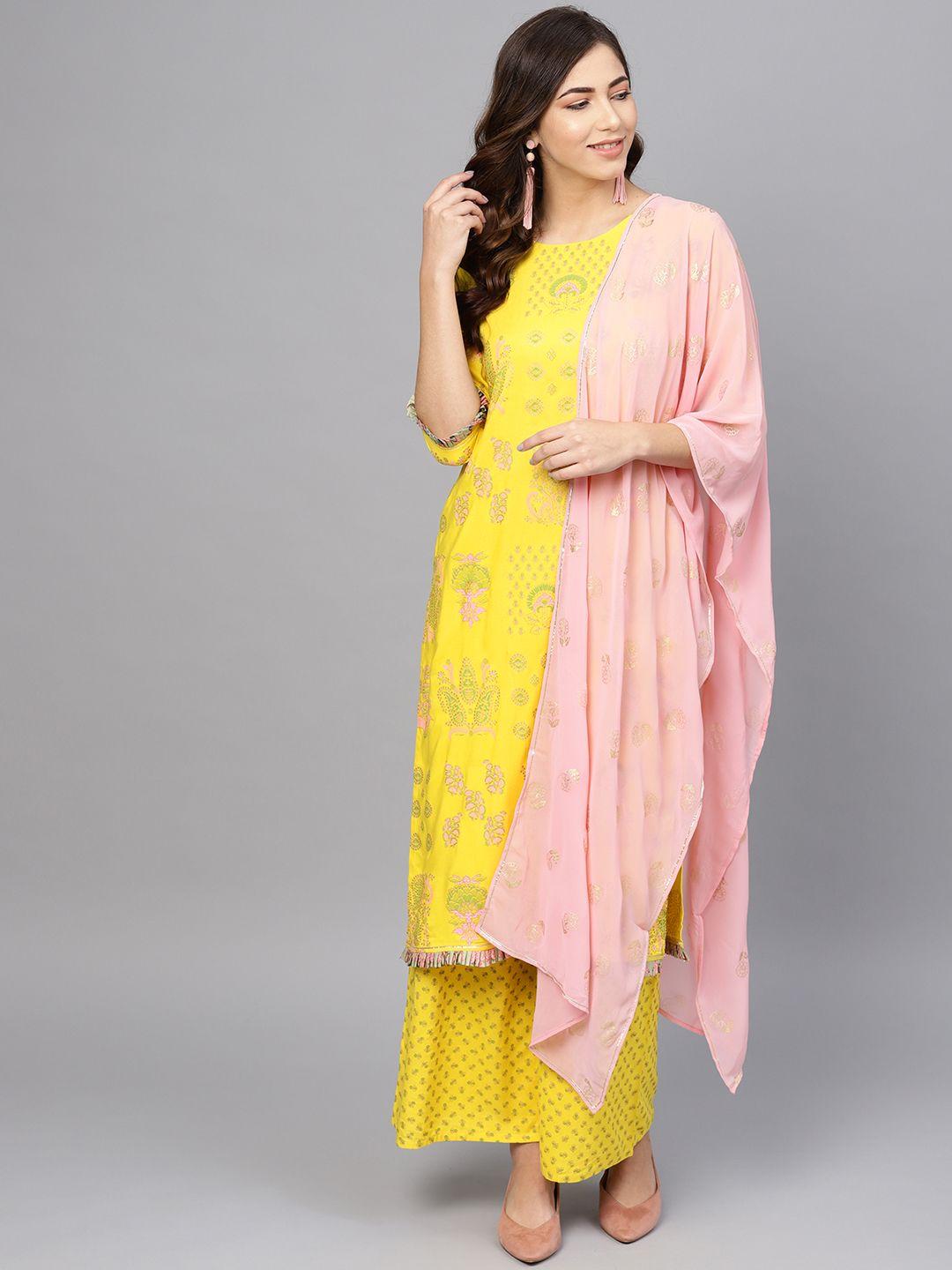 ahalyaa-women-yellow-&-pink-printed-kurta-with-palazzos-&-dupatta