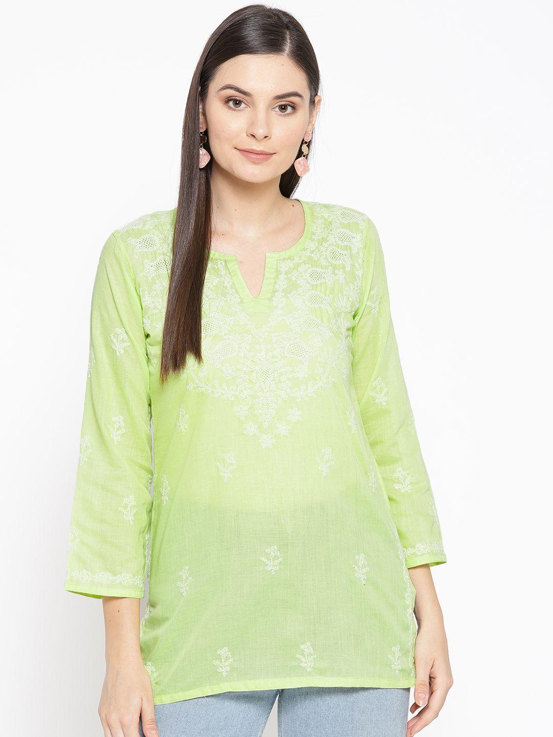ada-women-green-&-white-chikankari-embroidered-pure-cotton-kurti