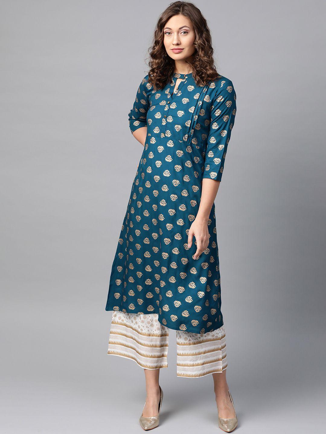 anubhutee-women-teal-blue-&-off-white-foil-print-kurta-with-palazzos