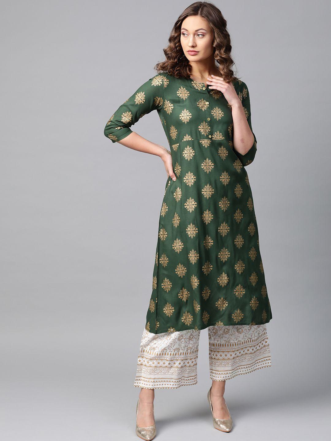 anubhutee-women-green-&-off-white-printed-kurta-with-palazzos