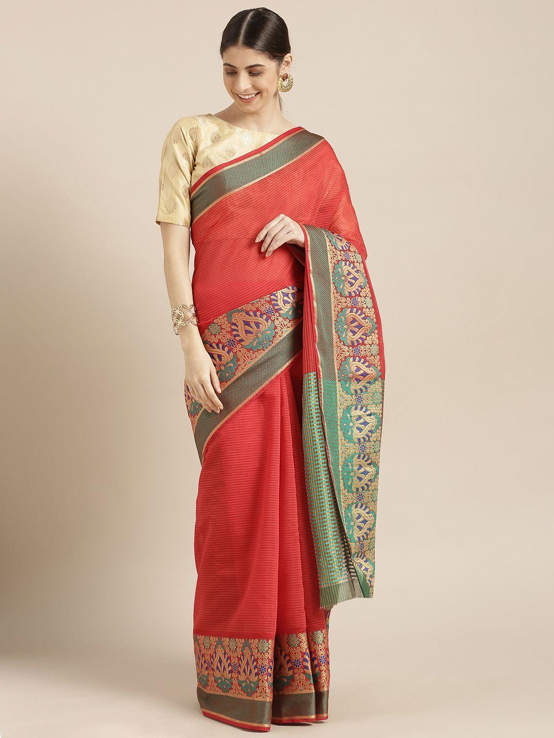 blissta-red-&-gold-toned-silk-cotton-striped-kanjeevaram-saree