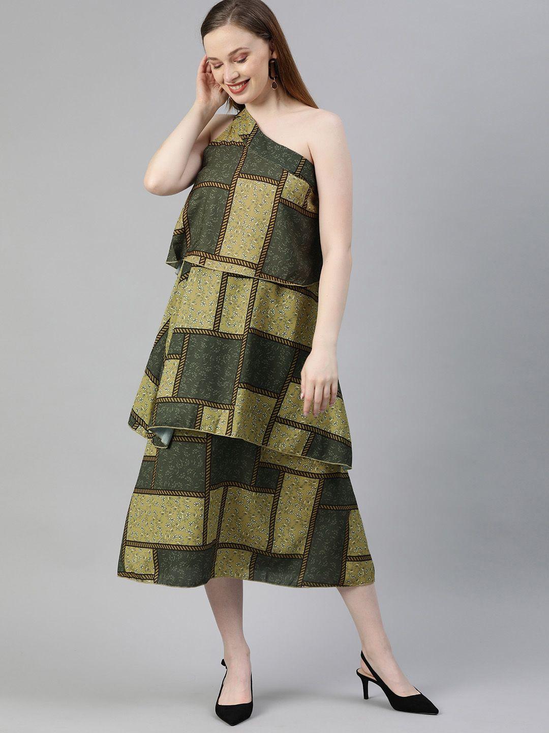 here&now-women-olive-green-&-beige-floral-printed-one-shoulder-tiered-a-line-dress