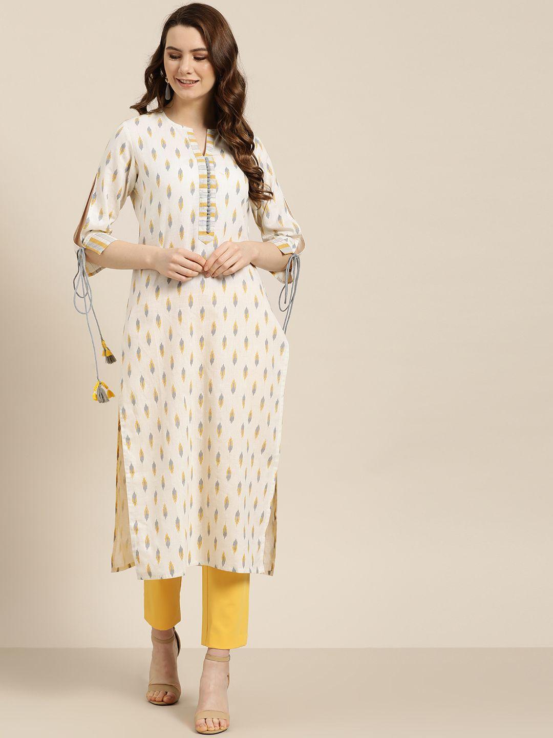 jaipur-kurti-women-off-white-&-yellow-ikat-printed-straight-kurta