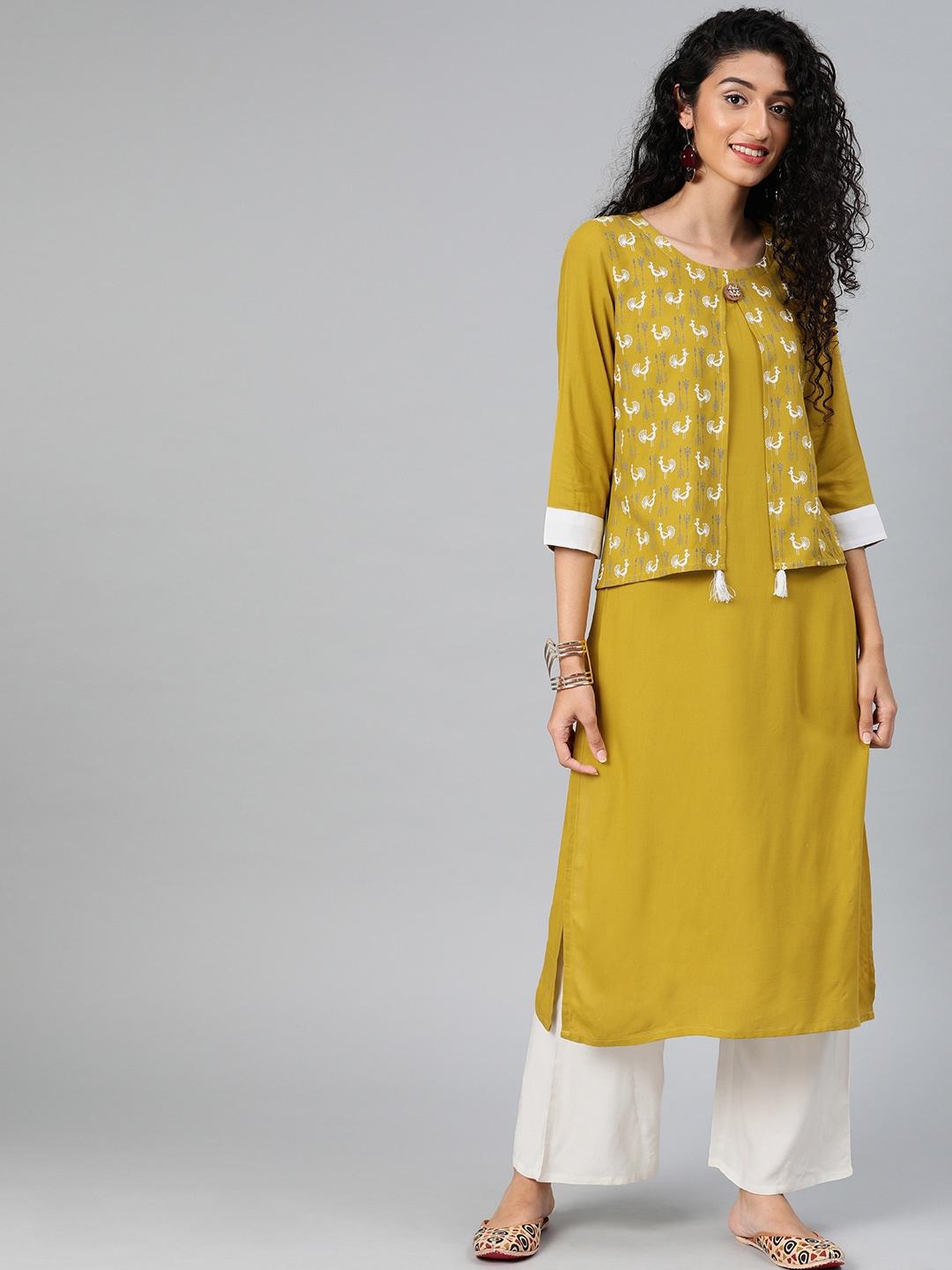 ziyaa-women-mustard-yellow-solid-straight-kurta-set