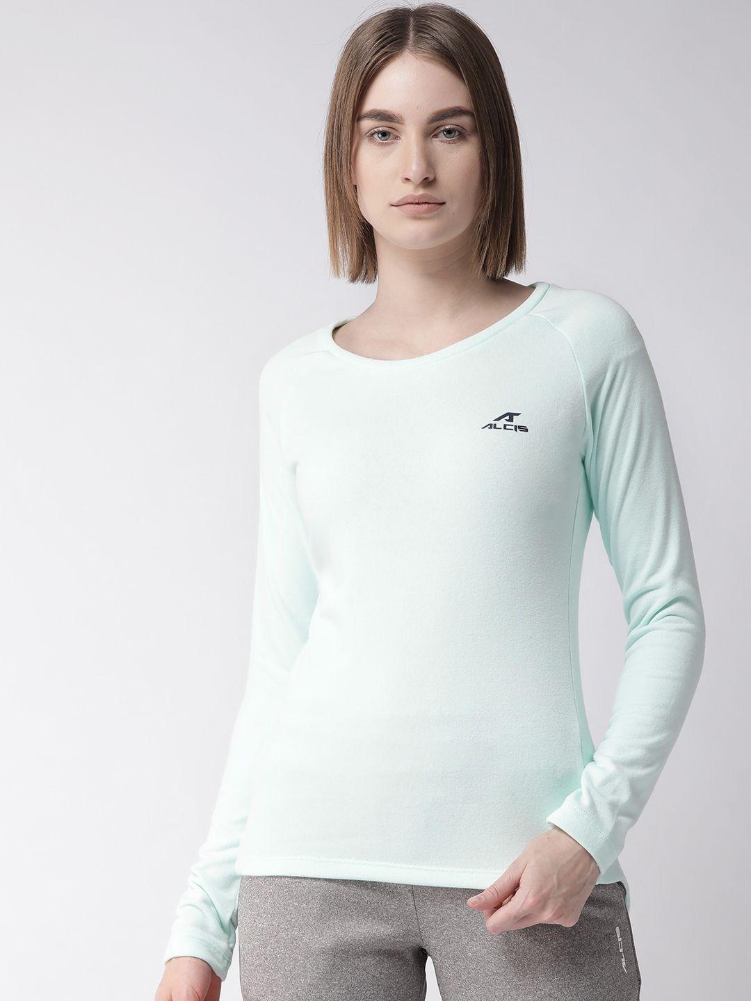 alcis-women-sea-green-solid-round-neck-sporty-t-shirt
