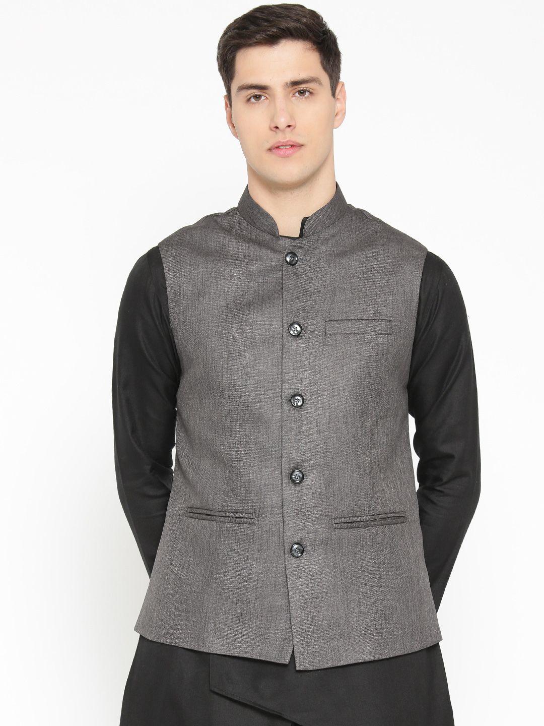 badoliya-&-sons-men-charcoal-grey-solid-nehru-jacket