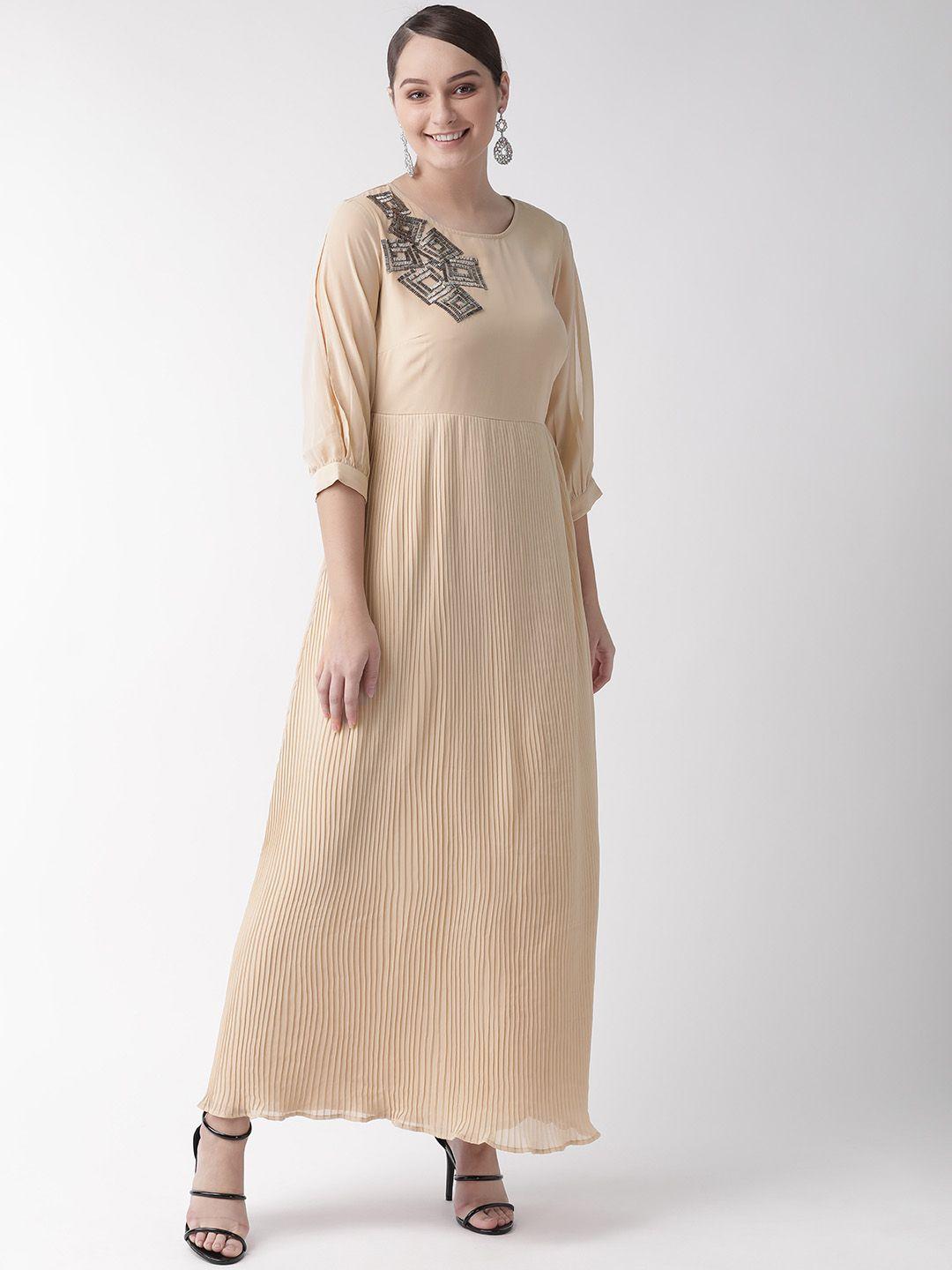 mish-women-beige-embellished-detail-accordion-pleat-maxi-dress