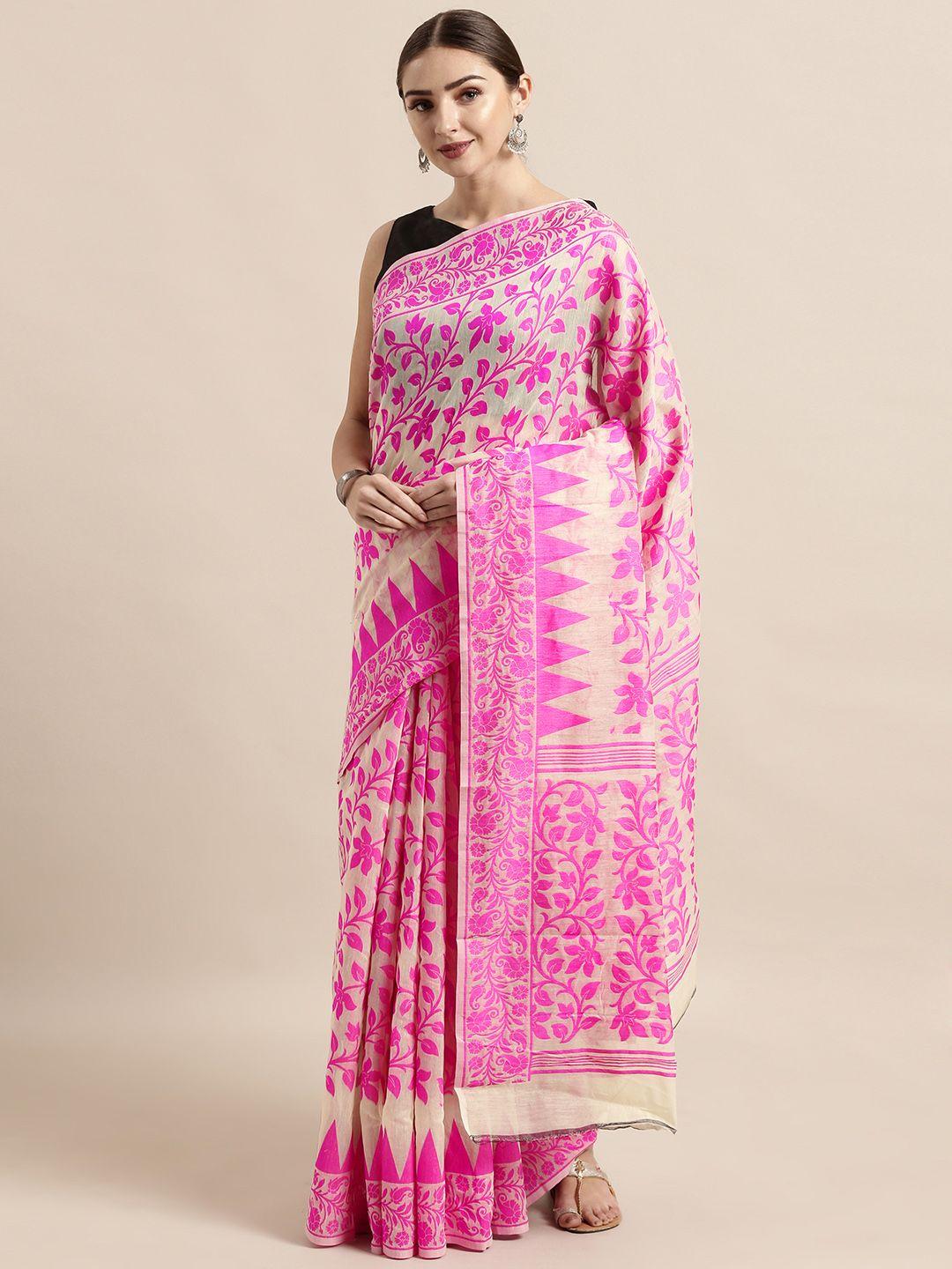 vastranand-cream-coloured-&-pink-silk-cotton-woven-design-jamdani-saree
