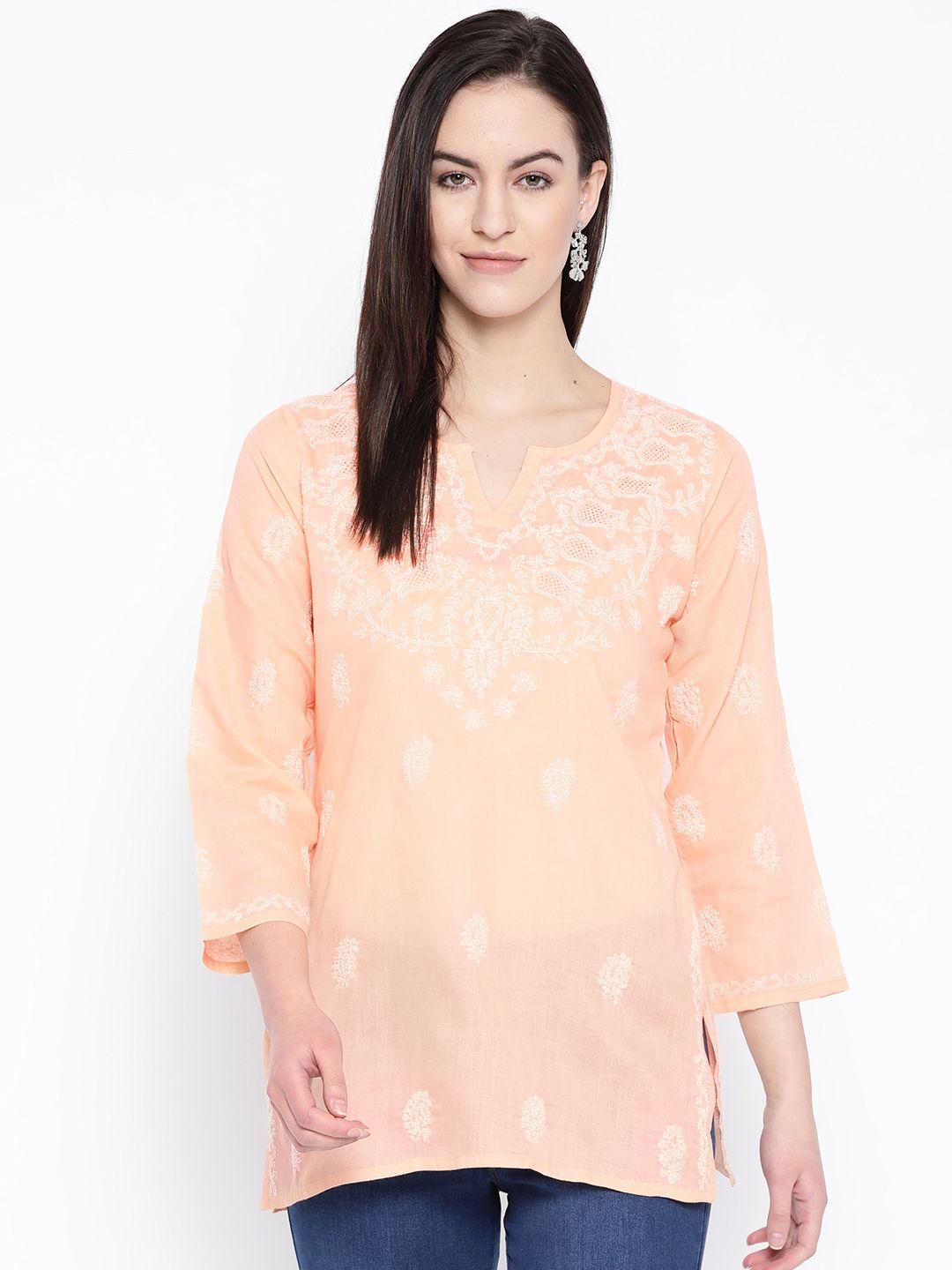 ada-women-peach-coloured-&-white-chikankari-hand-embroidered-pure-cotton-semi-sheer-straight-sustainable-handloom-kurti