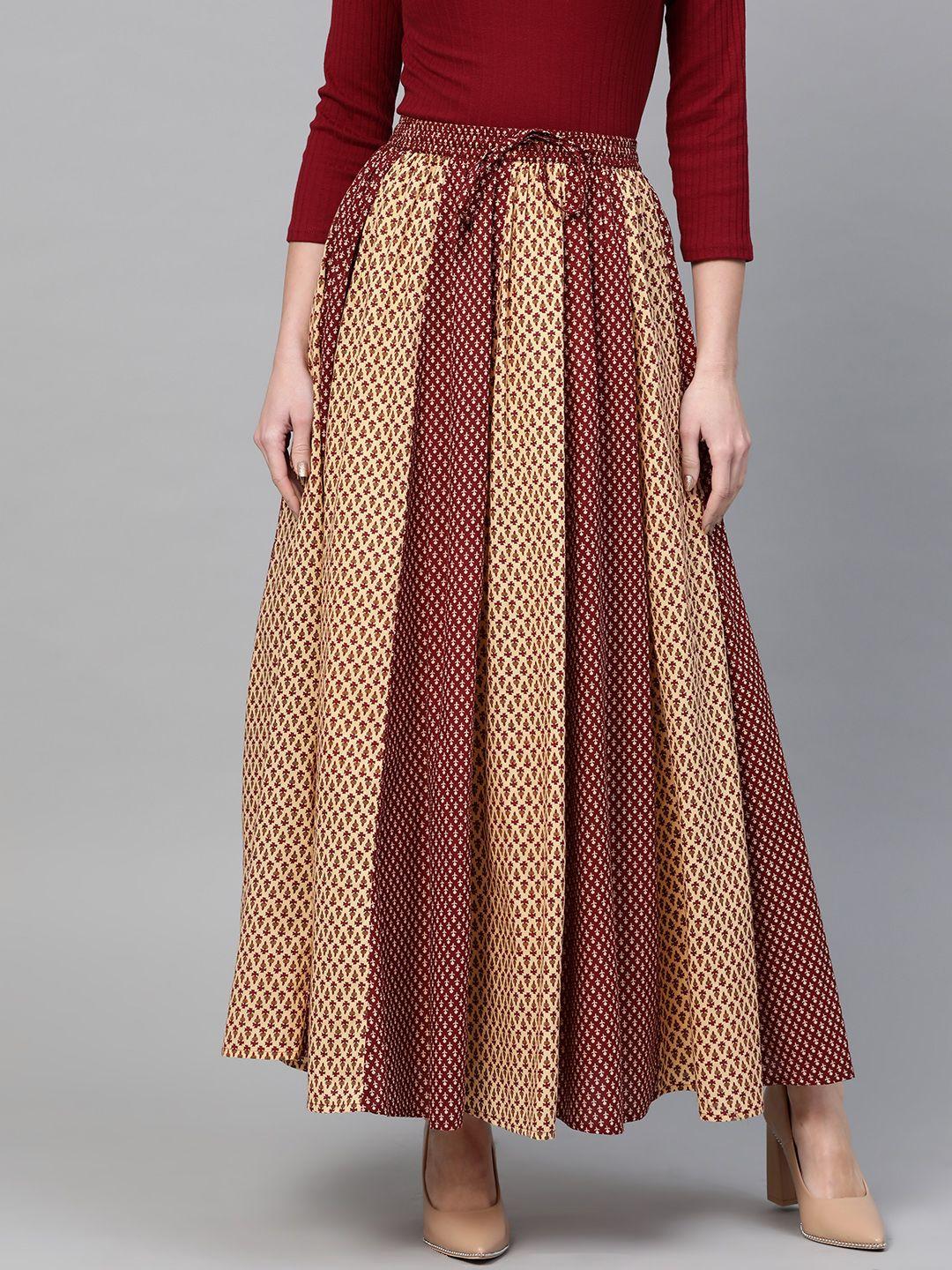 anayna-women-maroon-&-beige-printed-flared-maxi-skirt