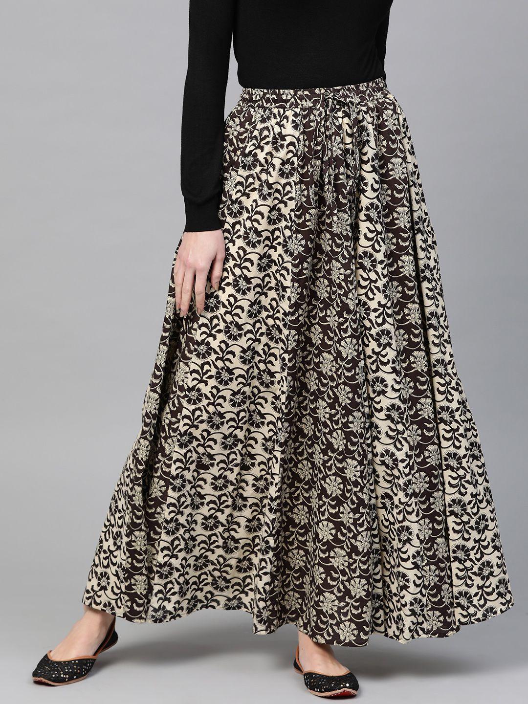 anayna-women-black-&-beige-printed-flared-maxi-skirt