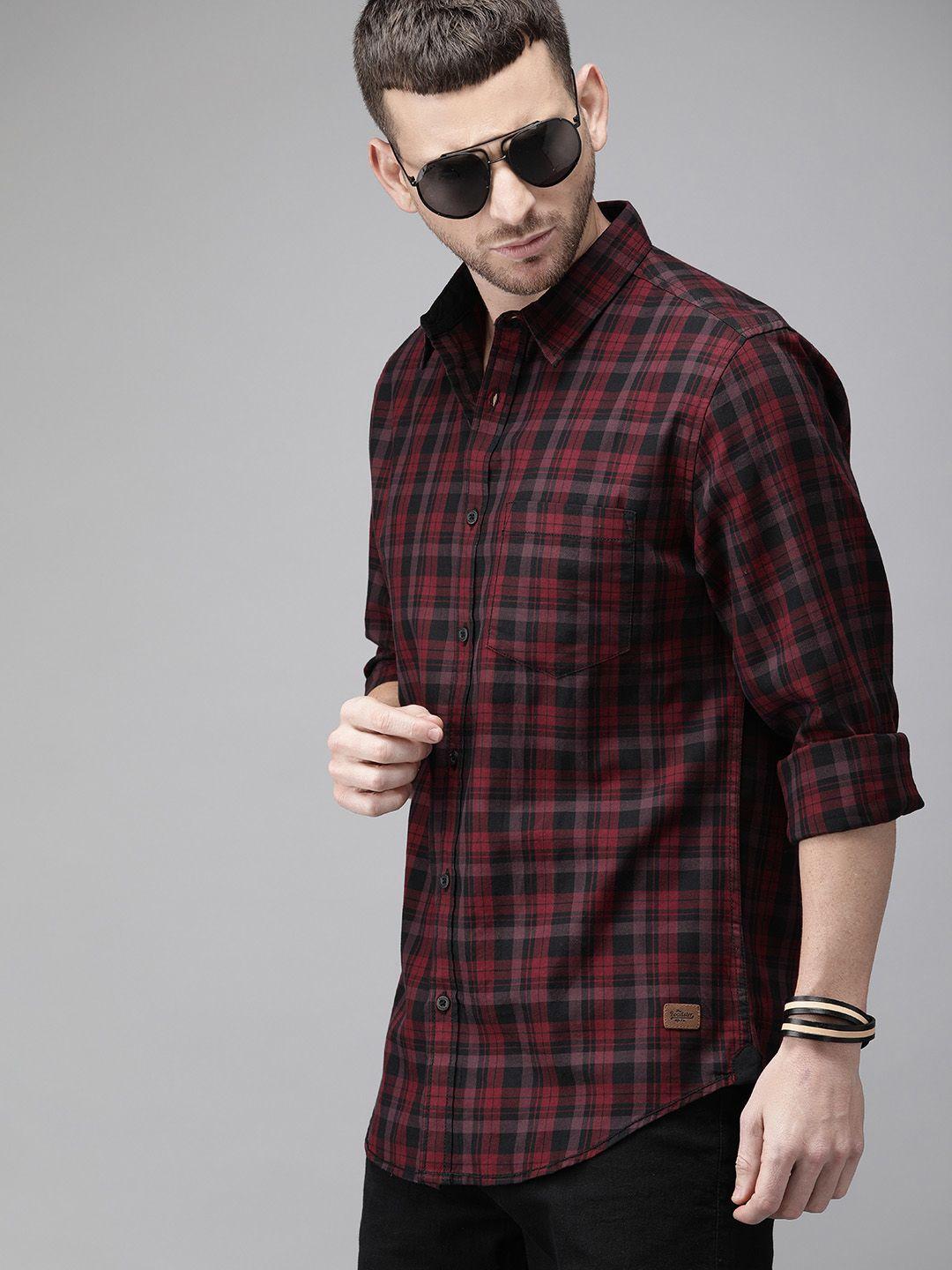 roadster-men-maroon-&-black-checked-pure-cotton-sustainable-casual-shirt