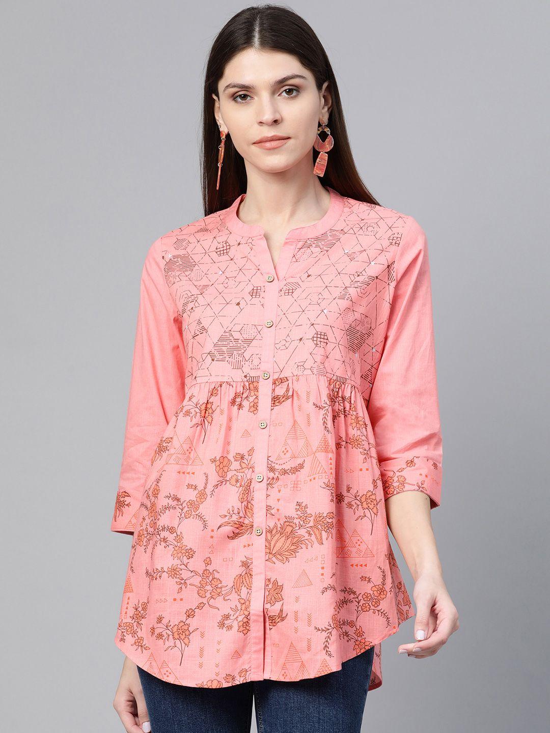 rangriti-women-peach-coloured-&-brown-floral-printed-a-line-pure-cotton-top