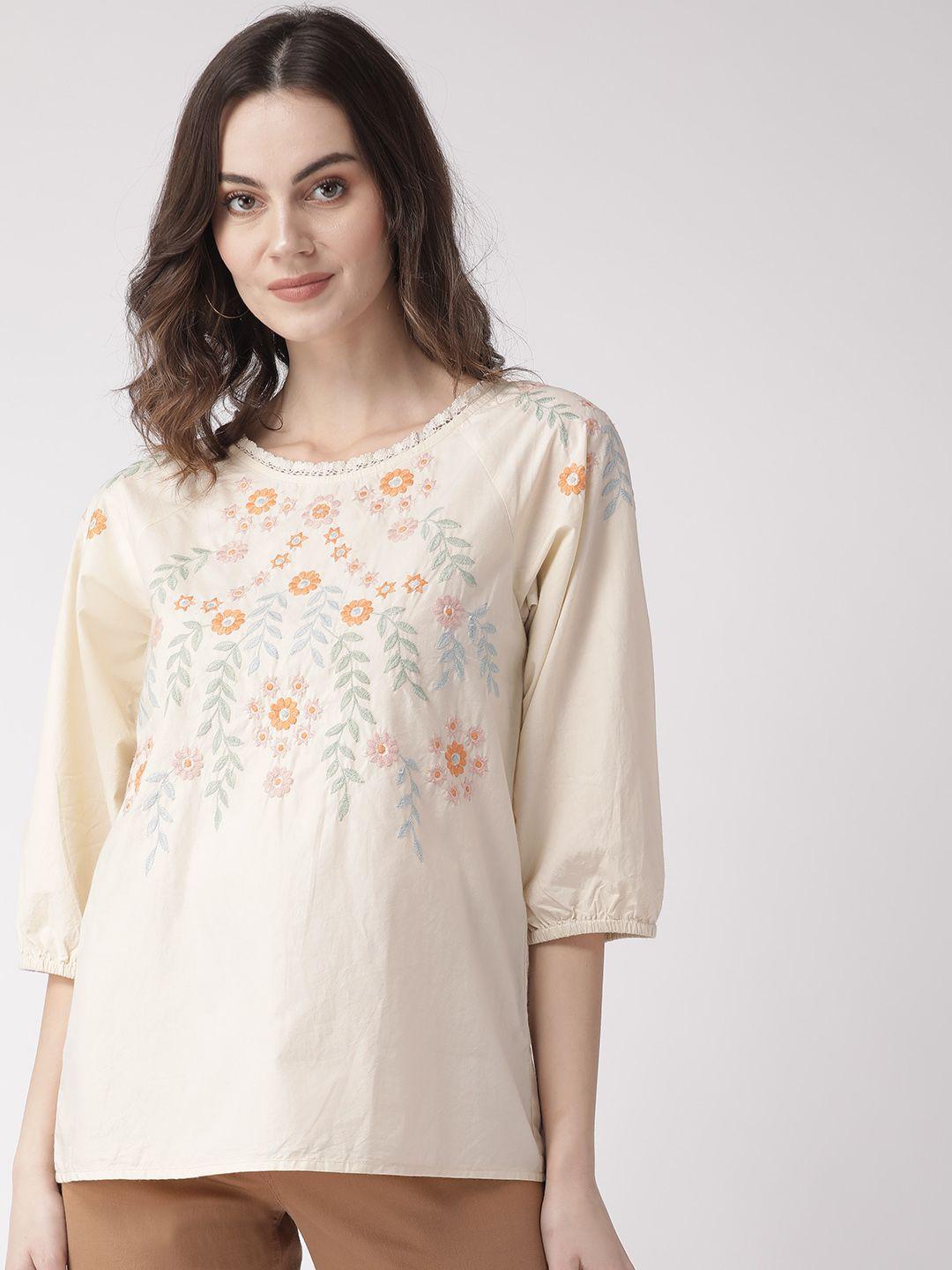 scoup-women-off-white-&-orange-floral-embroidered-pure-cotton-top