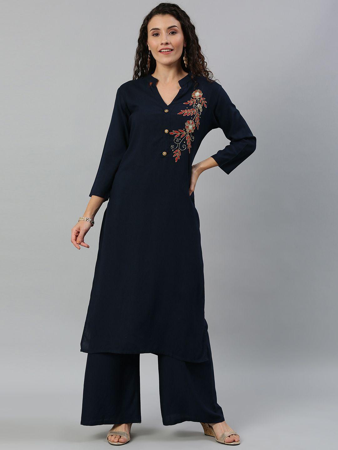 blissta-women-navy-blue-solid-kurta-with-palazzos-with-embellished-detailing