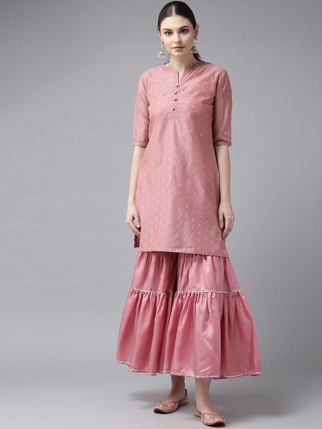 bhama-couture-women-pink-&-golden-self-design-kurti-with-sharara