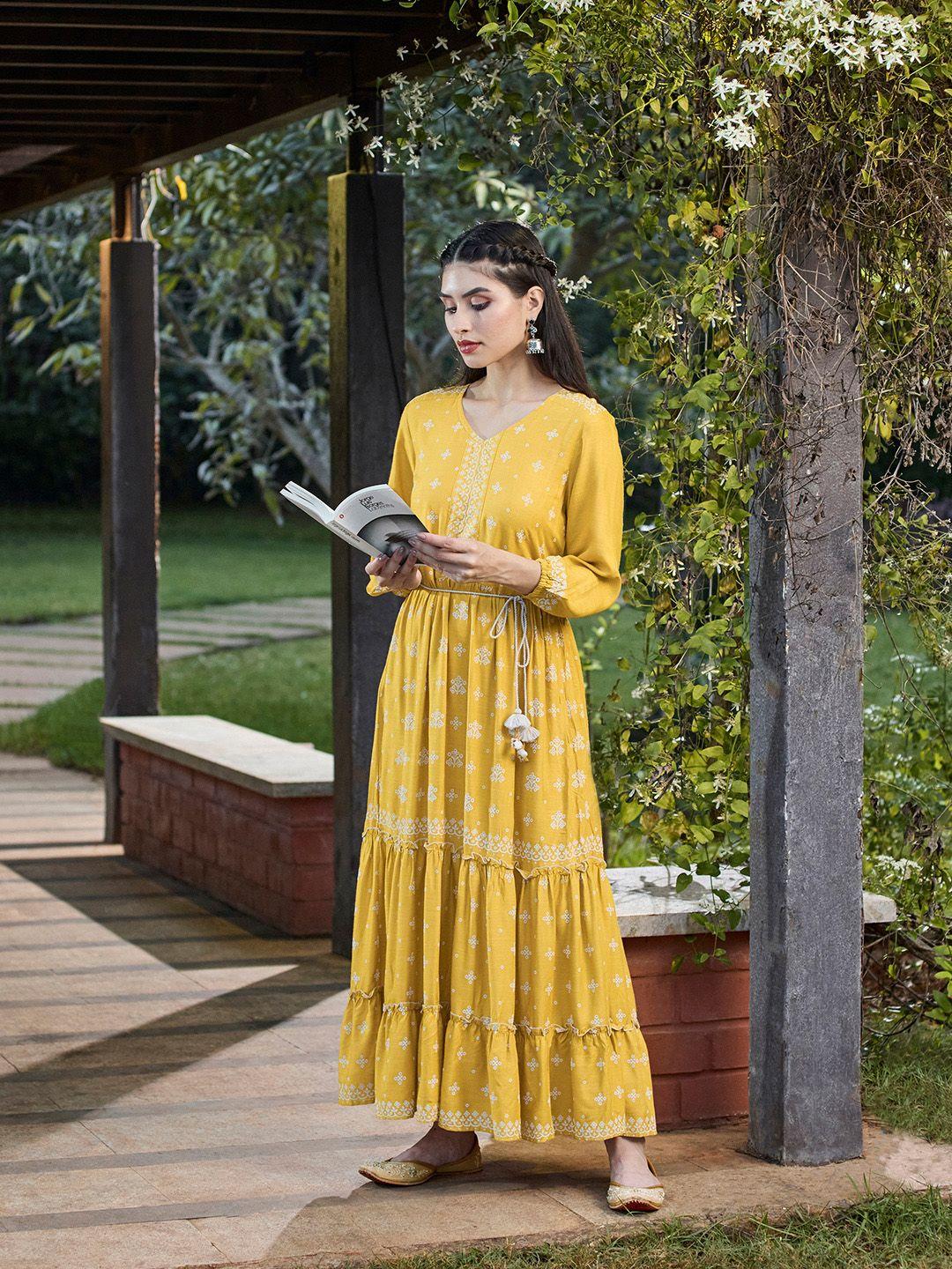 global-desi-women-mustard-yellow-&-off-white-printed-ruffle-detail-fit-and-flare-dress