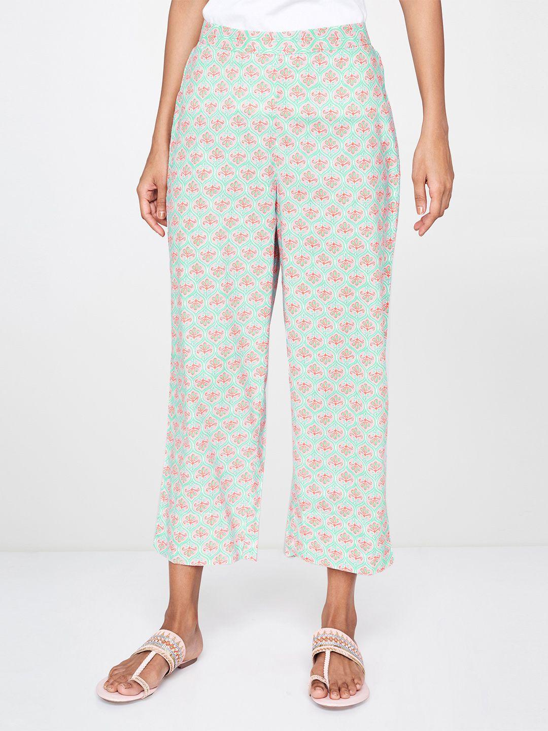 global-desi-women-blue-&-pink-straight-fit-printed-parallel-trousers