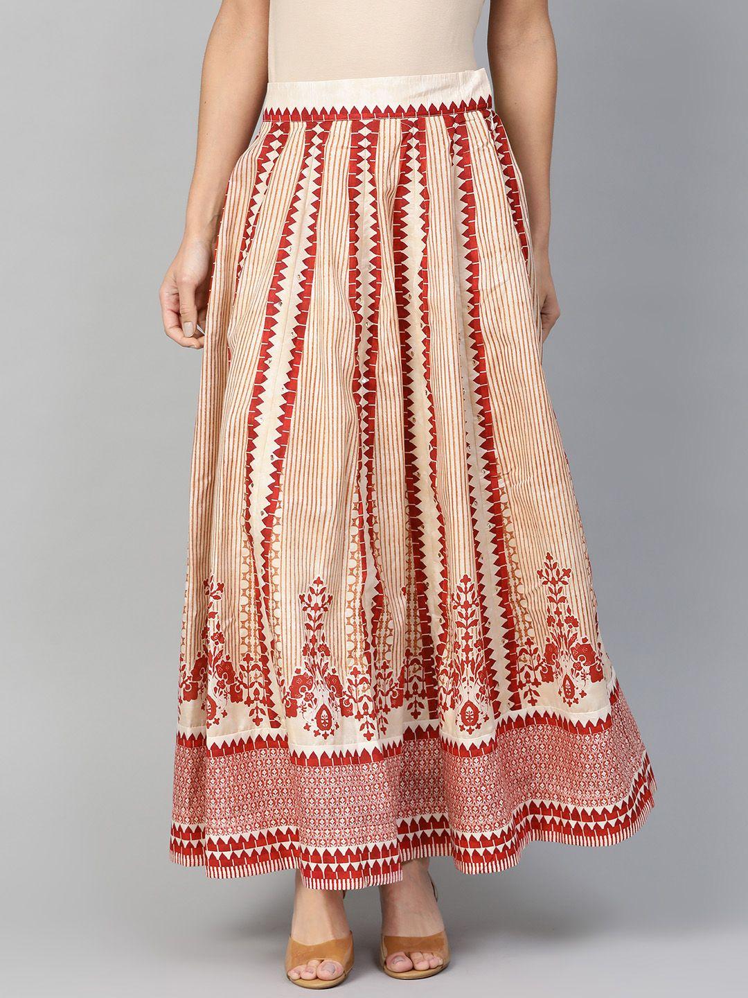 w-women-cream-coloured-&-maroon-printed-maxi-a-line-skirt