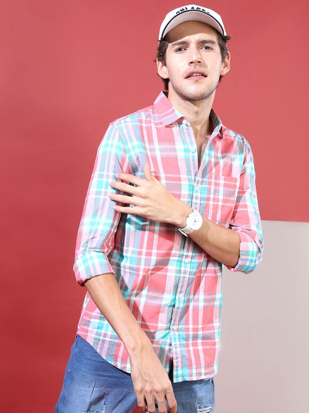 highlander-men-pink-&-white-slim-fit-checked-casual-shirt