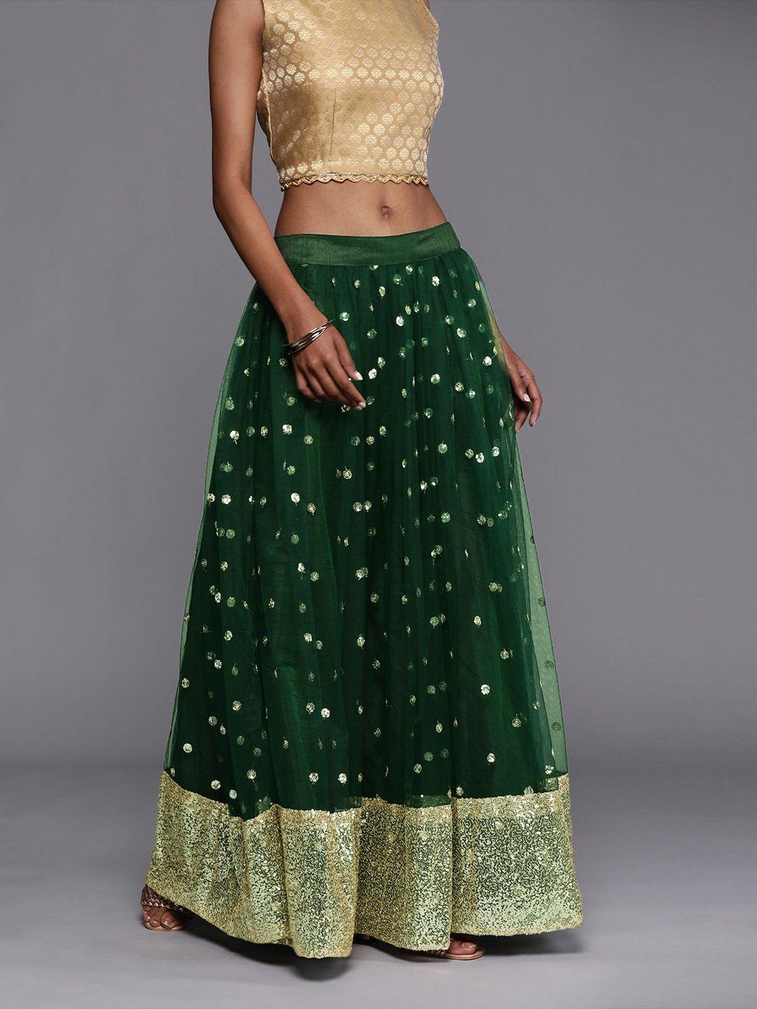 studio-rasa-women-green-&-gold-toned-net-sequin-embellished-gathered-flared-maxi-skirt