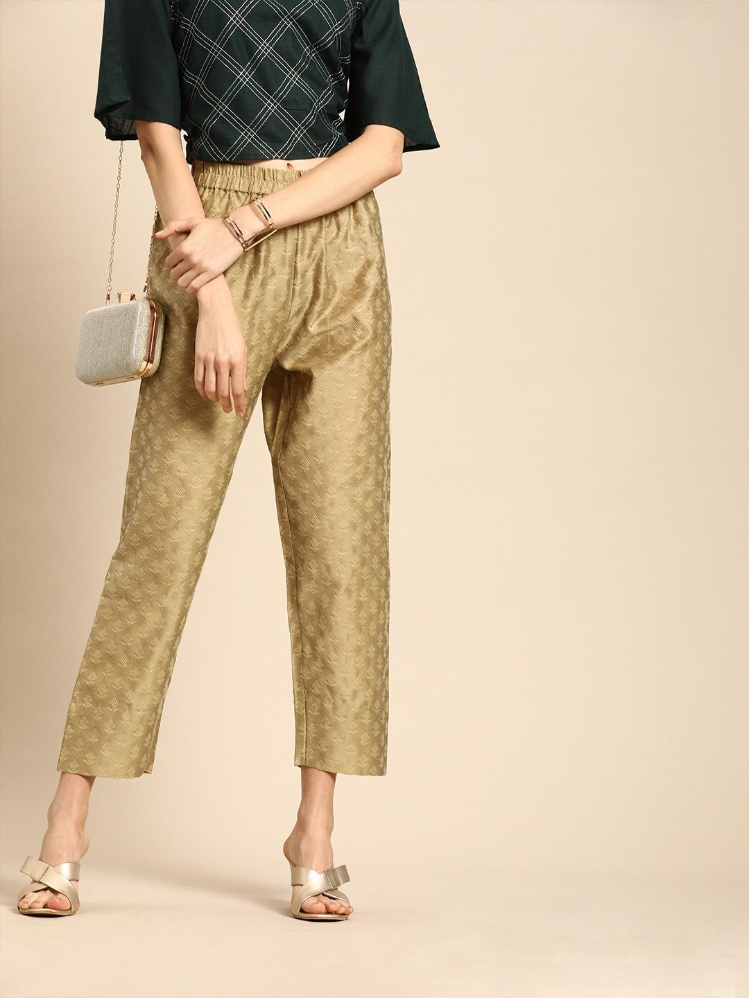 varanga-women-golden-&-beige-regular-fit-woven-design-cropped-regular-trousers