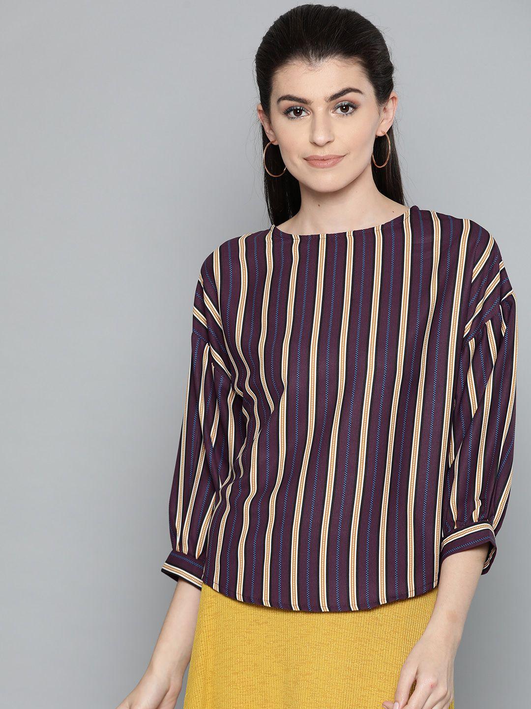 harpa-women-purple-&-mustard-yellow-striped-regular-top