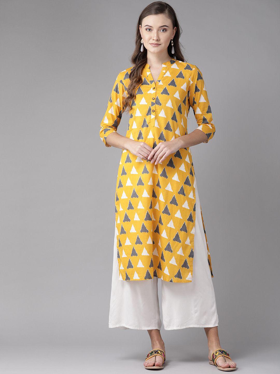 anayna-women-yellow-&-white-printed-straight-kurta