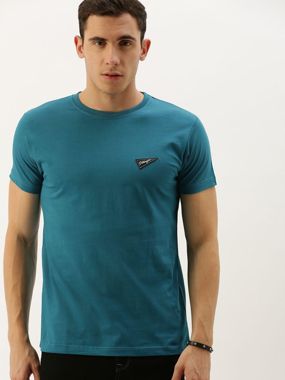 dillinger-men-teal-blue-solid-round-neck-pure-cotton-t-shirt
