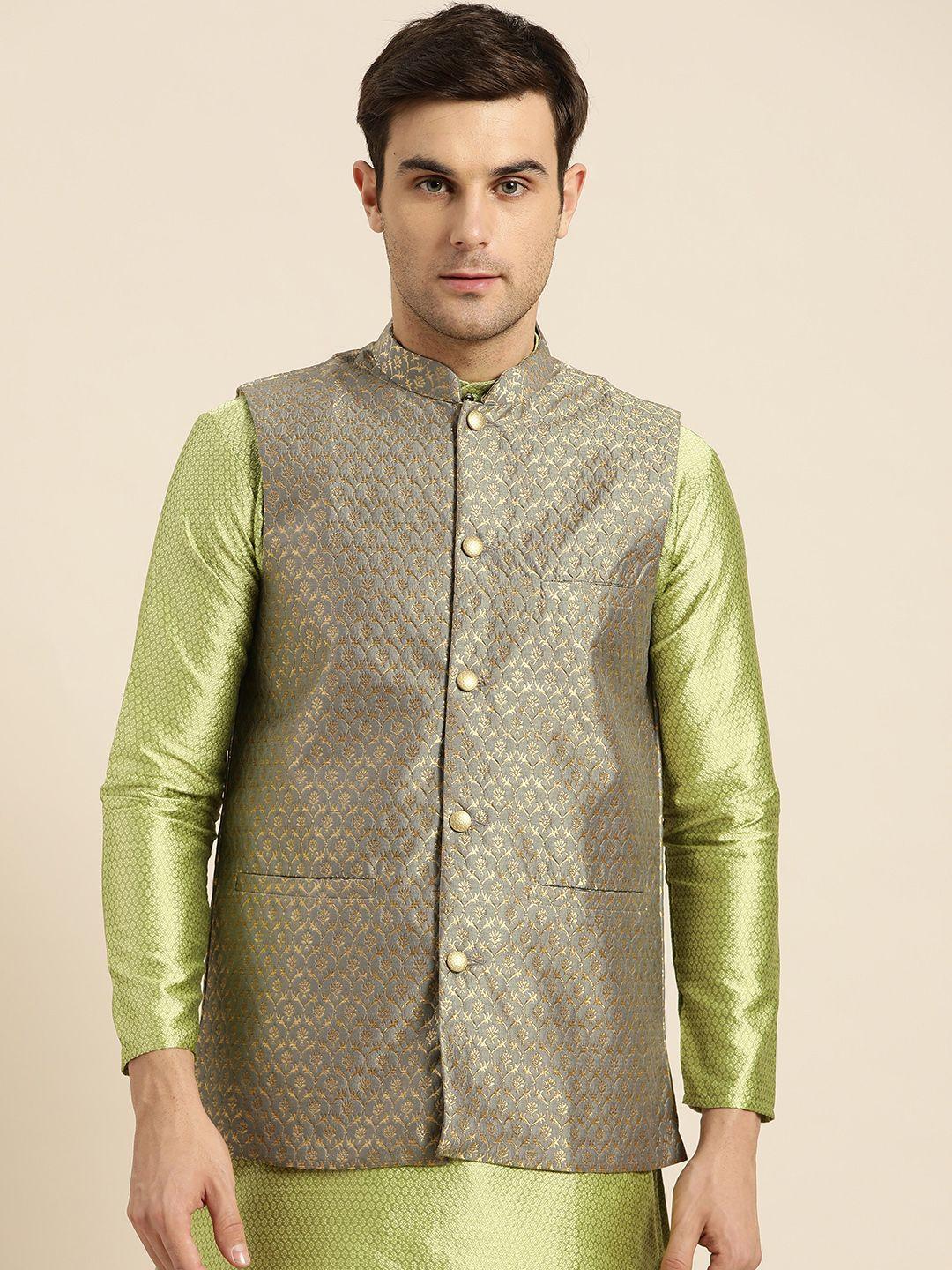 sojanya-men-grey-&-golden-woven-design-nehru-jacket
