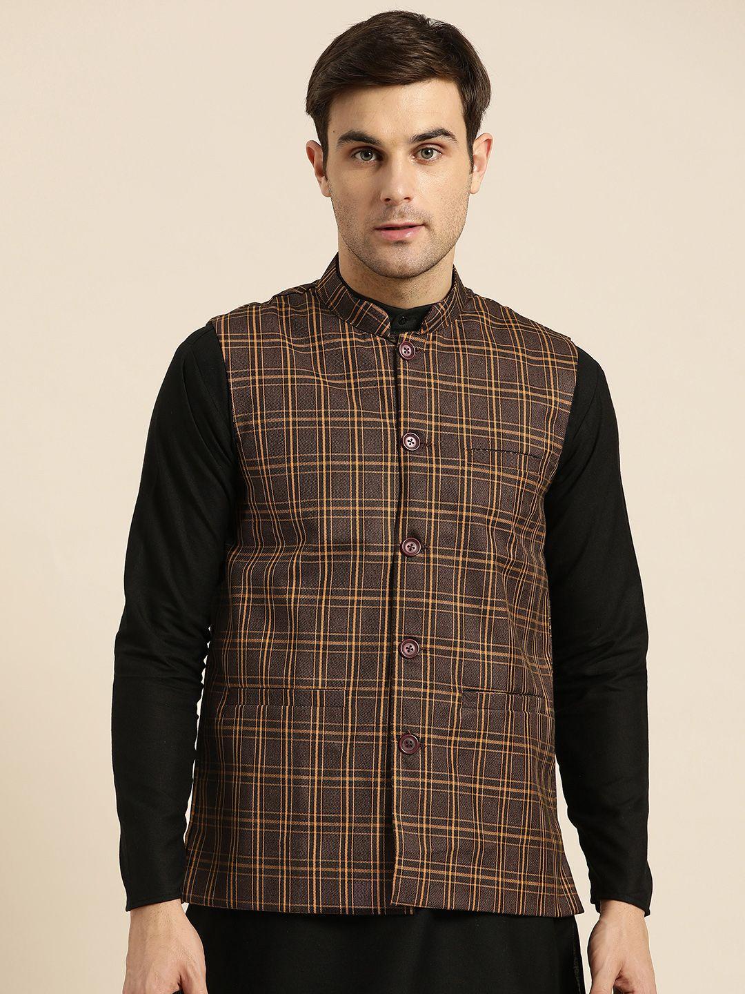 sojanya-men-coffee-brown-&-mustard-yellow-checked-nehru-jacket