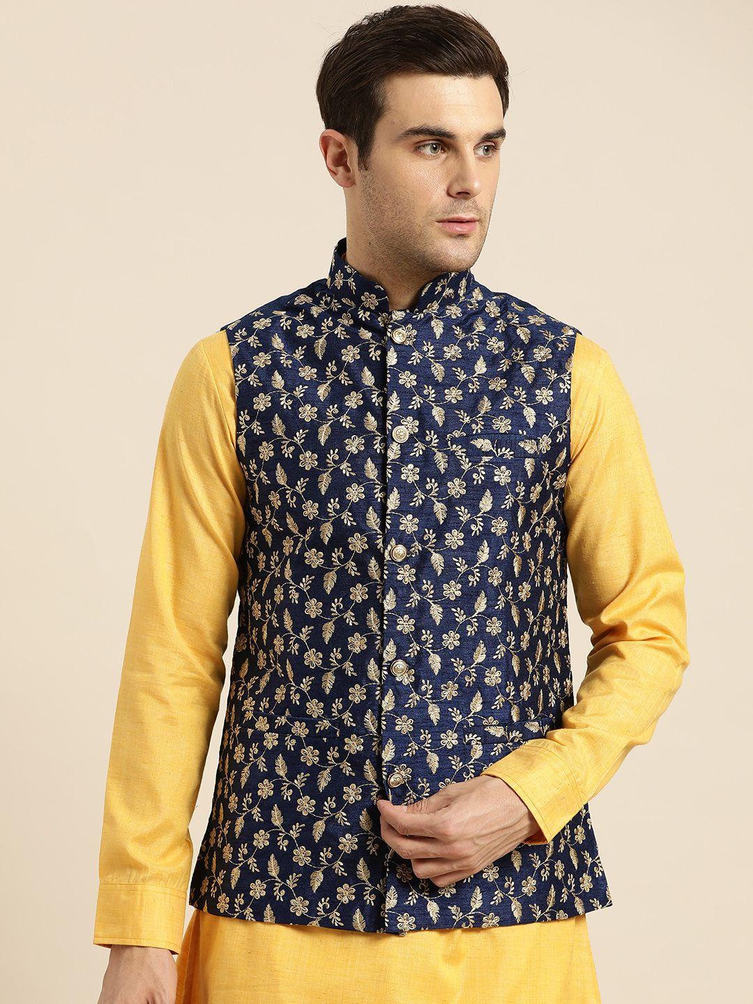 sojanya-men-navy-blue-&-golden-embroidered-nehru-jacket