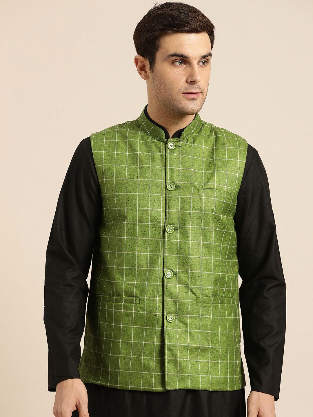 sojanya-men-green-&-off-white-checked-nehru-jacket