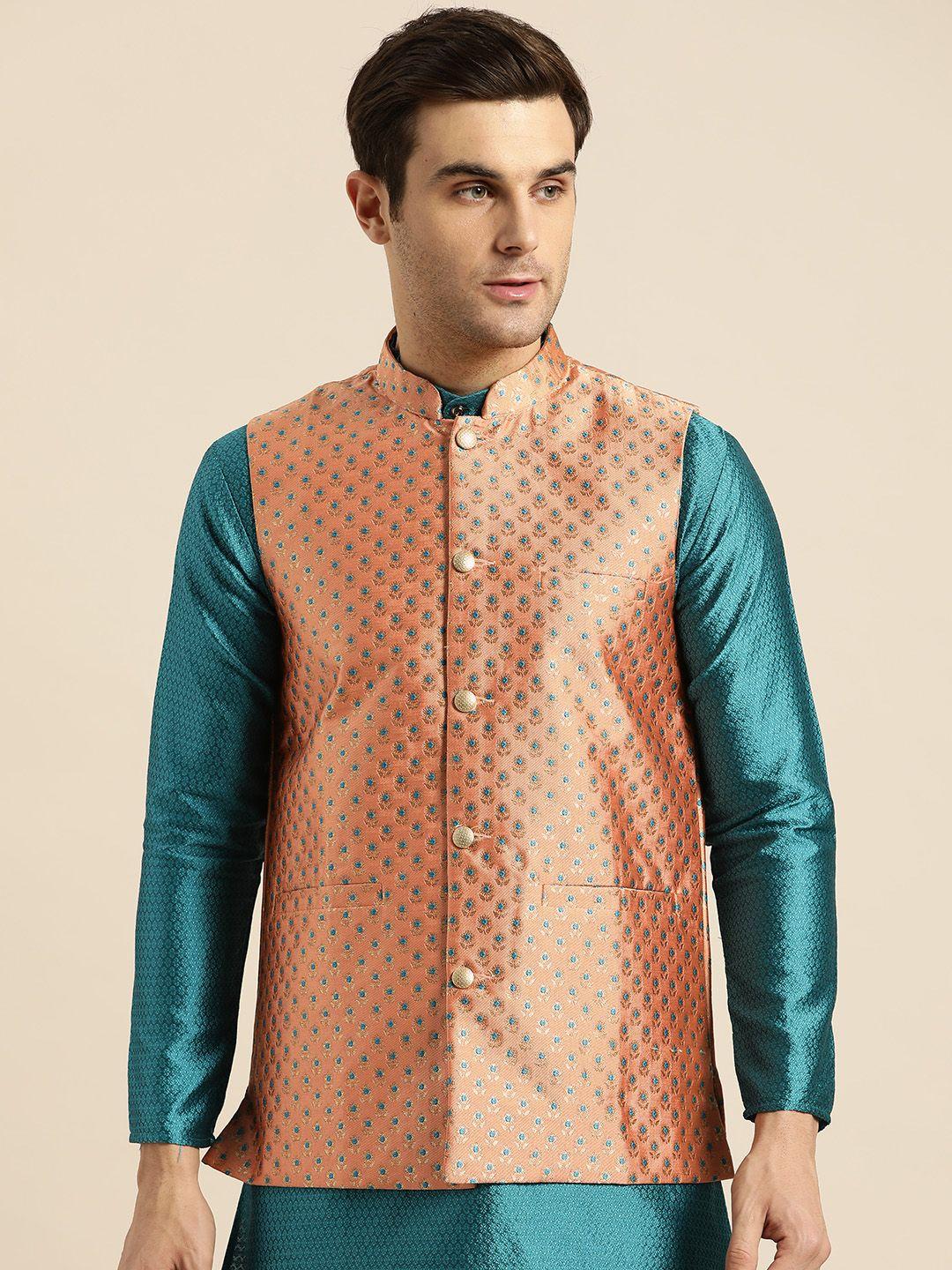 sojanya-men-peach-coloured-&-golden-woven-design-nehru-jacket