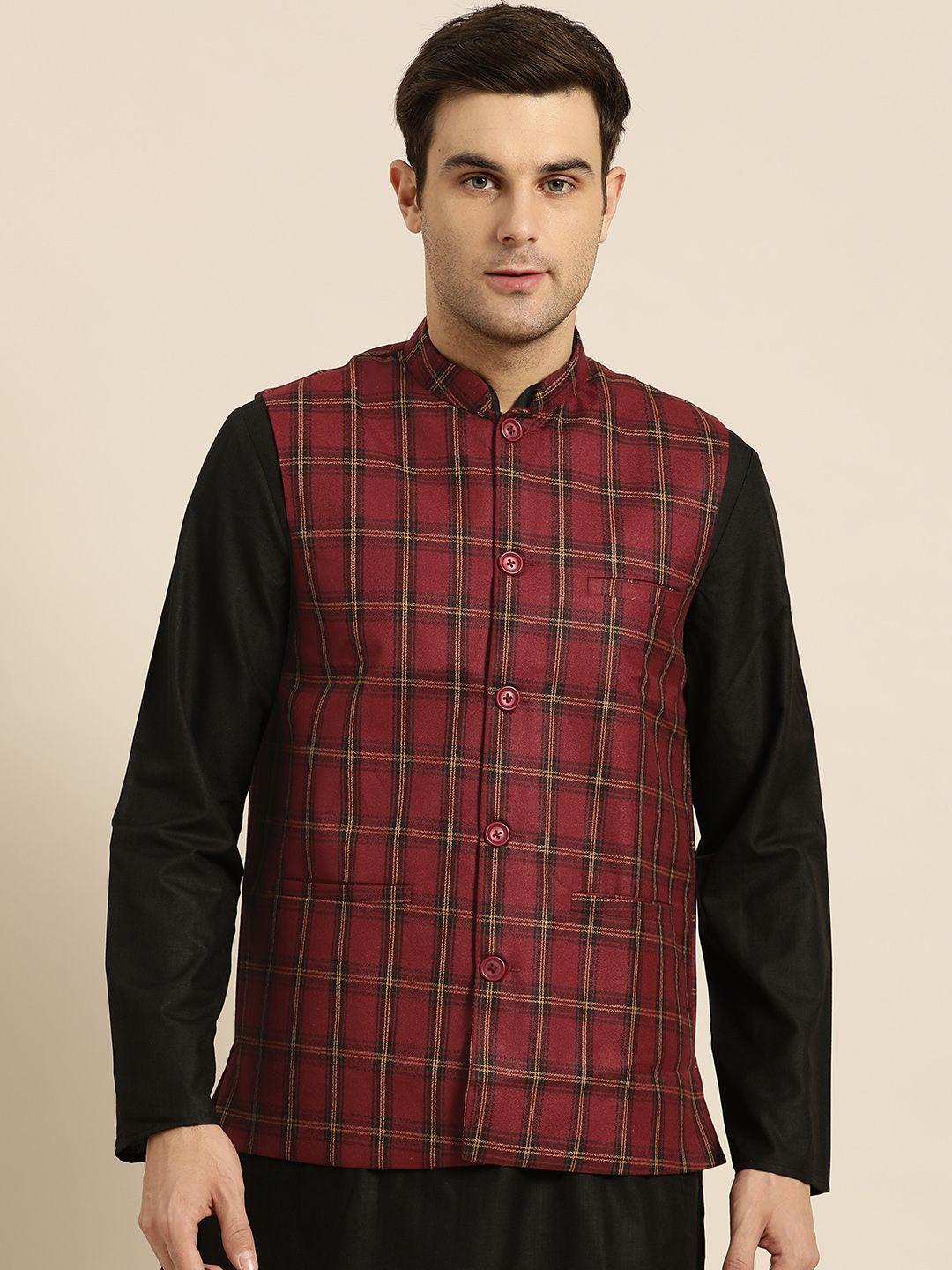 sojanya-men-maroon-&-black-checked-nehru-jacket