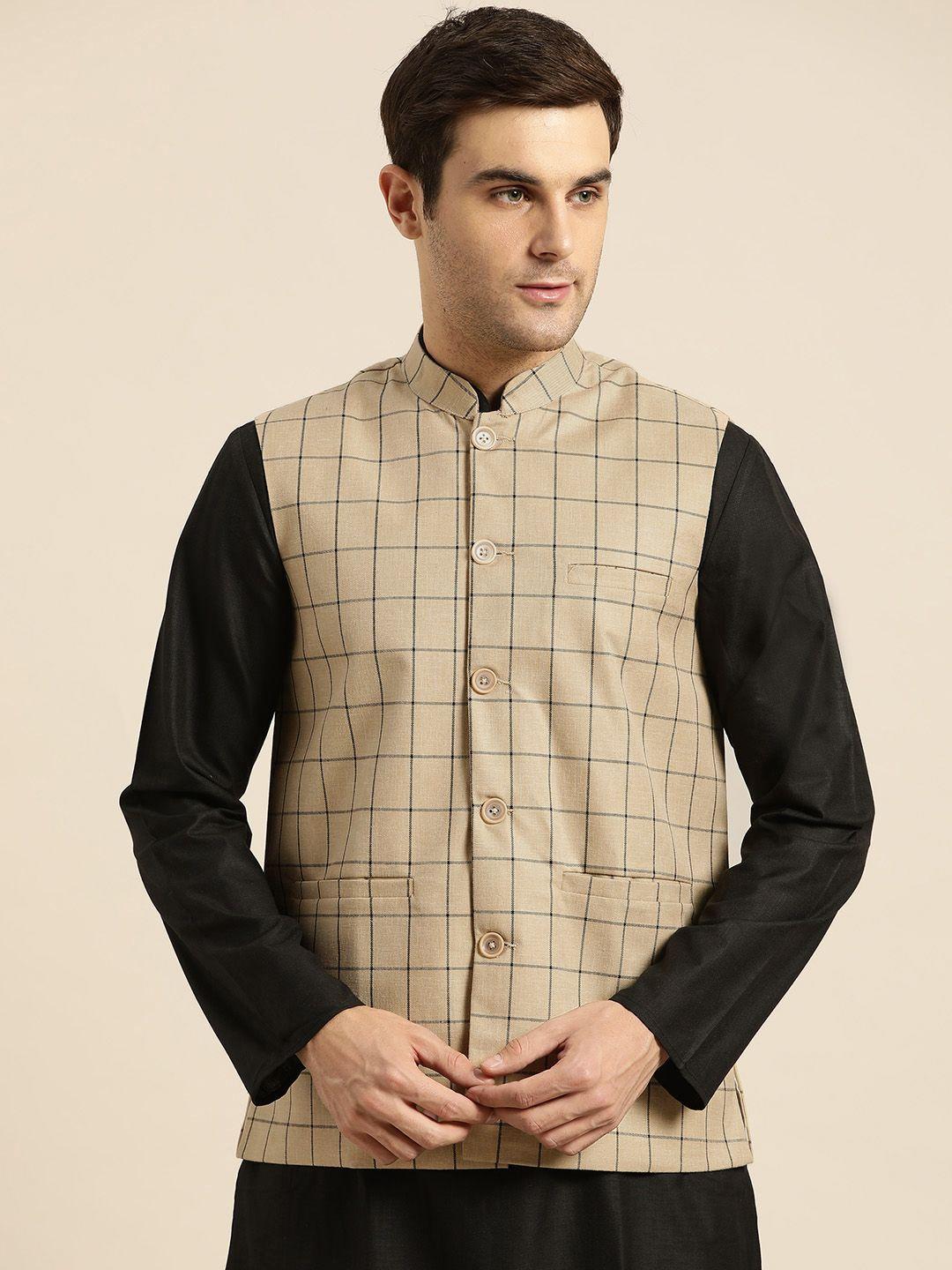 sojanya-men-beige-&-charcoal-grey-checked-nehru-jacket