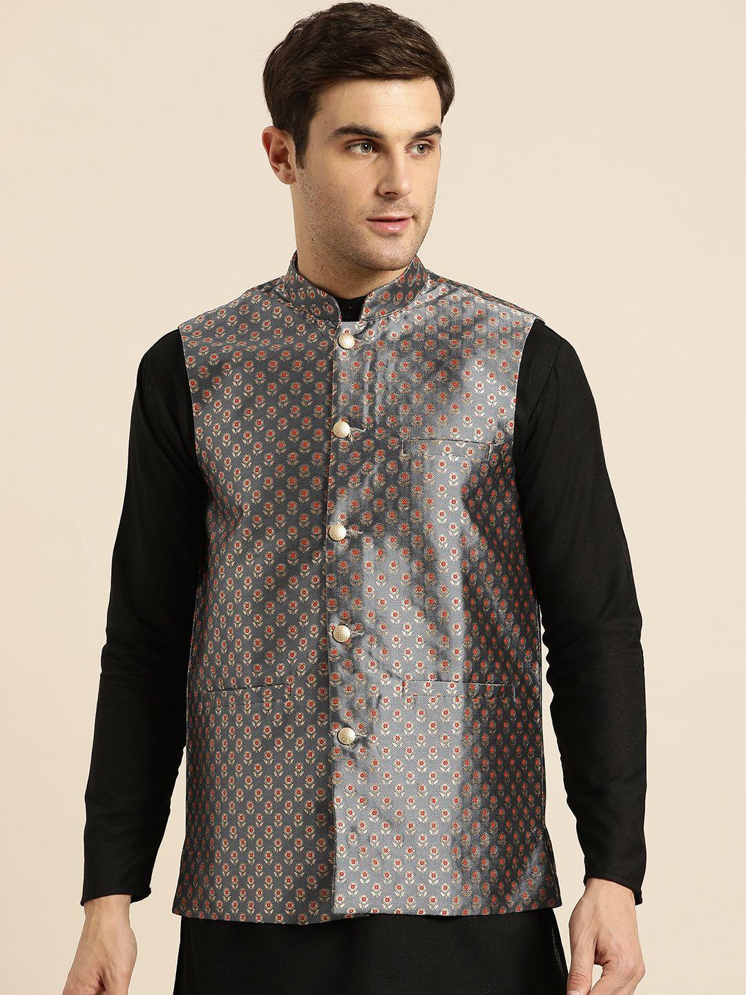 sojanya-men-charcoal-grey-&-golden-woven-design-nehru-jacket