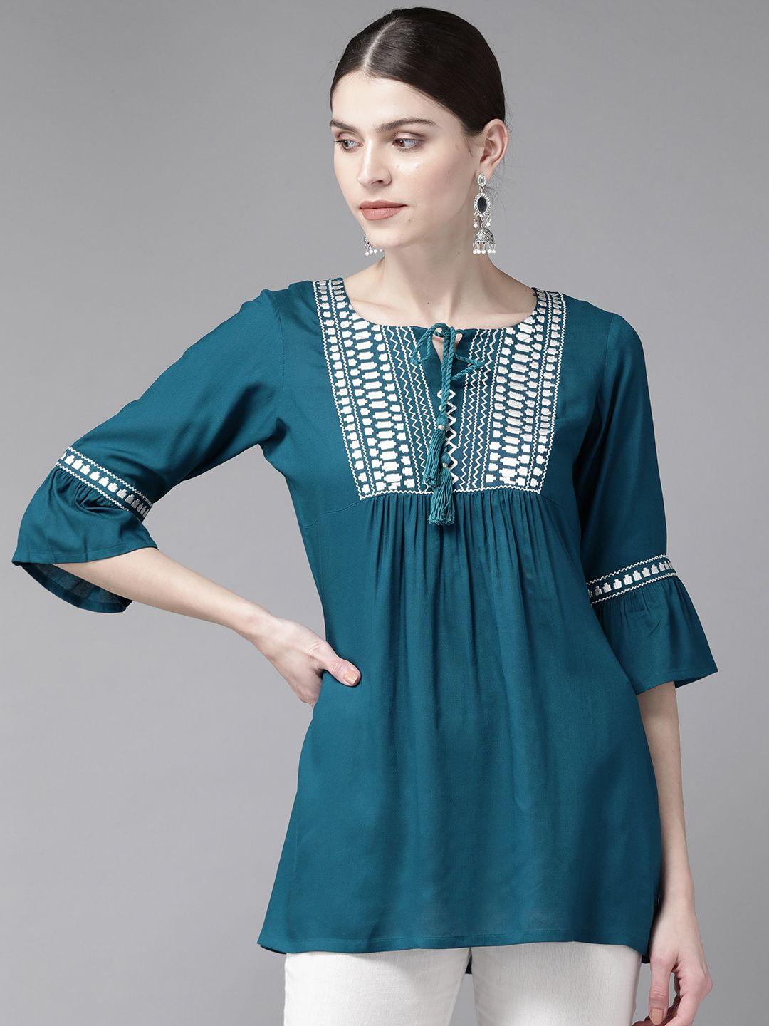 libas-women-teal-blue-&-white-yoke-design-kurti
