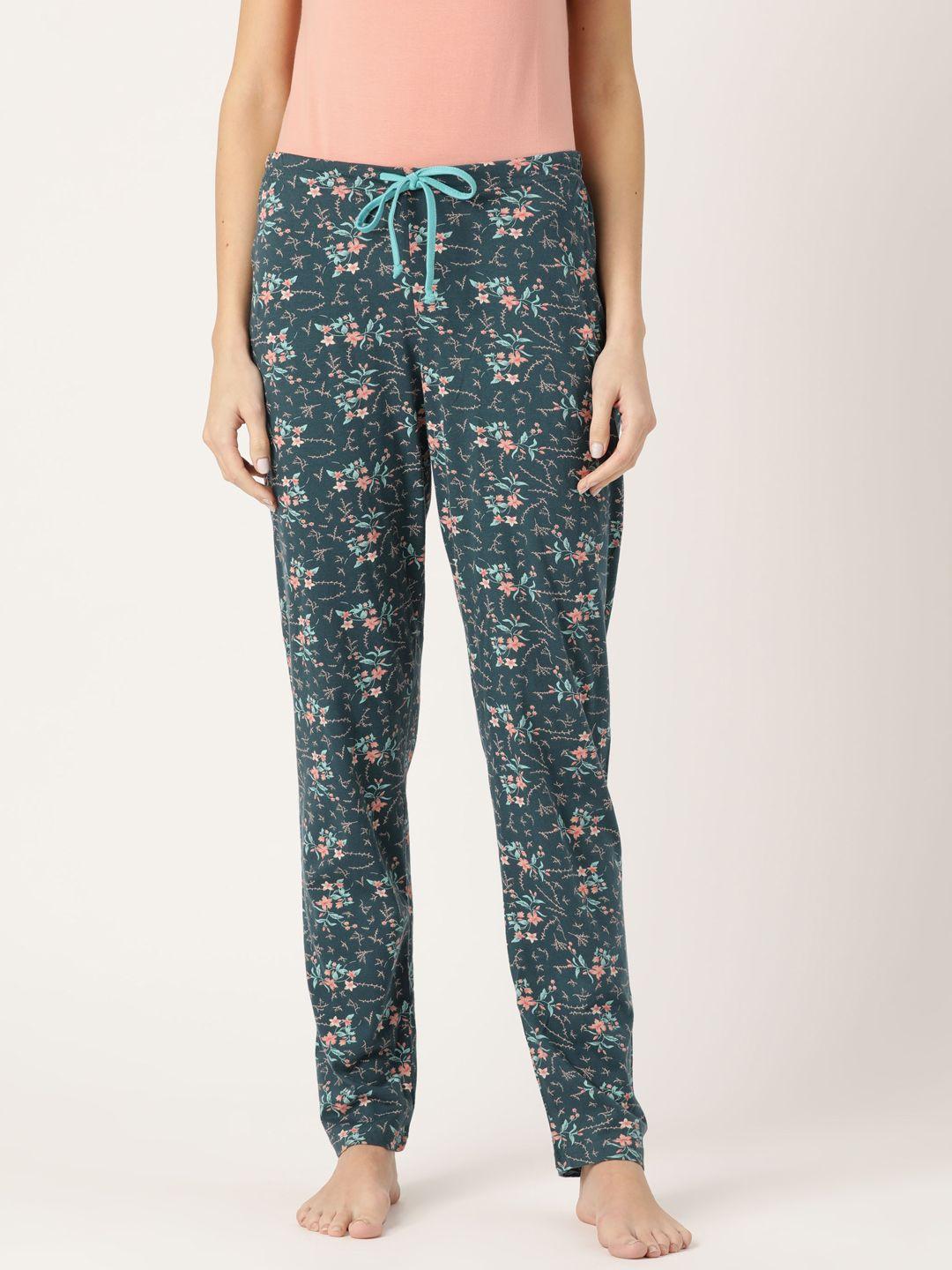 kanvin-women-teal-blue-&-peach-coloured-floral-printed-lounge-pants