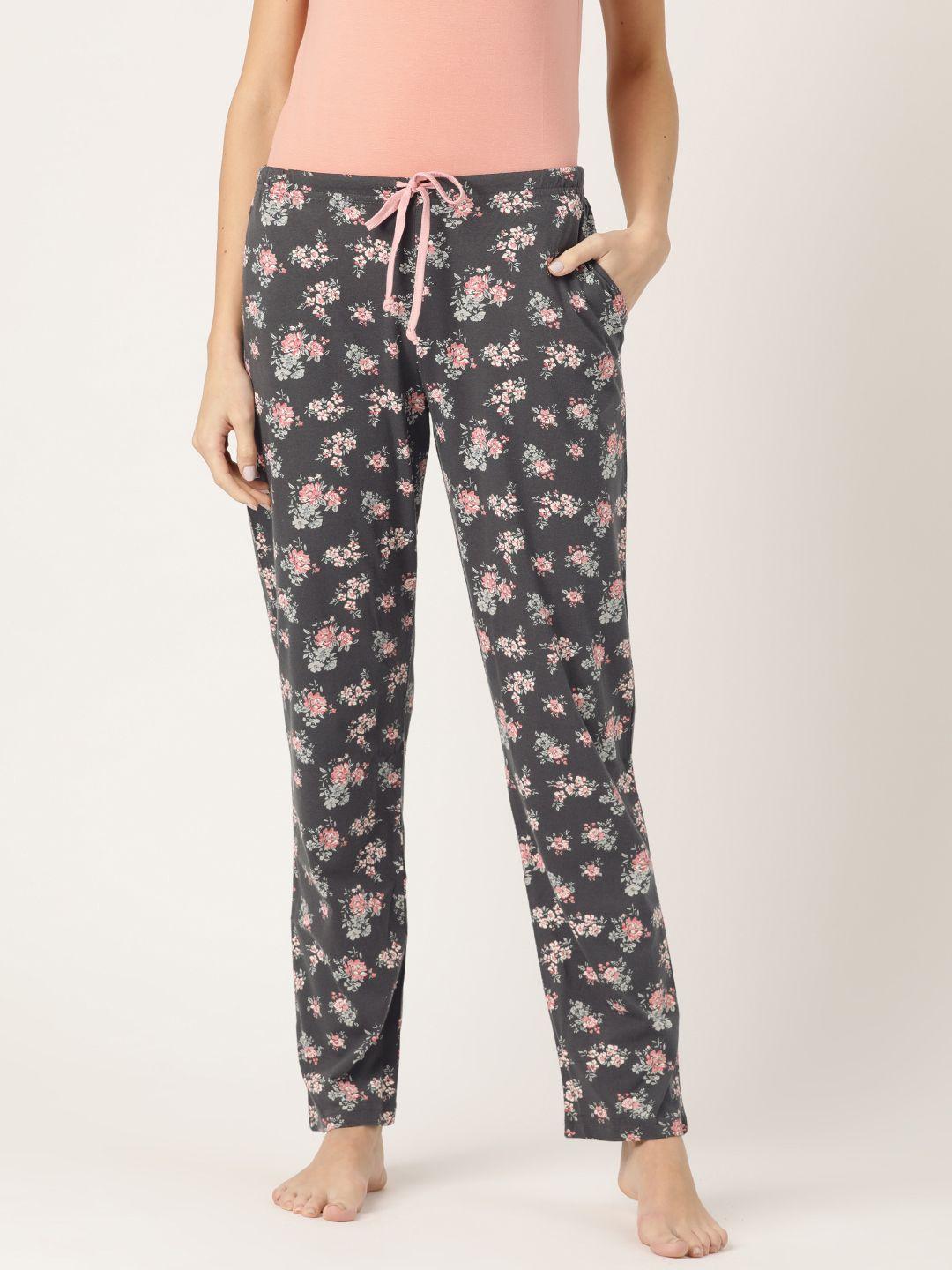 kanvin-women-charcoal-grey-&-pink-floral-print-lounge-pants