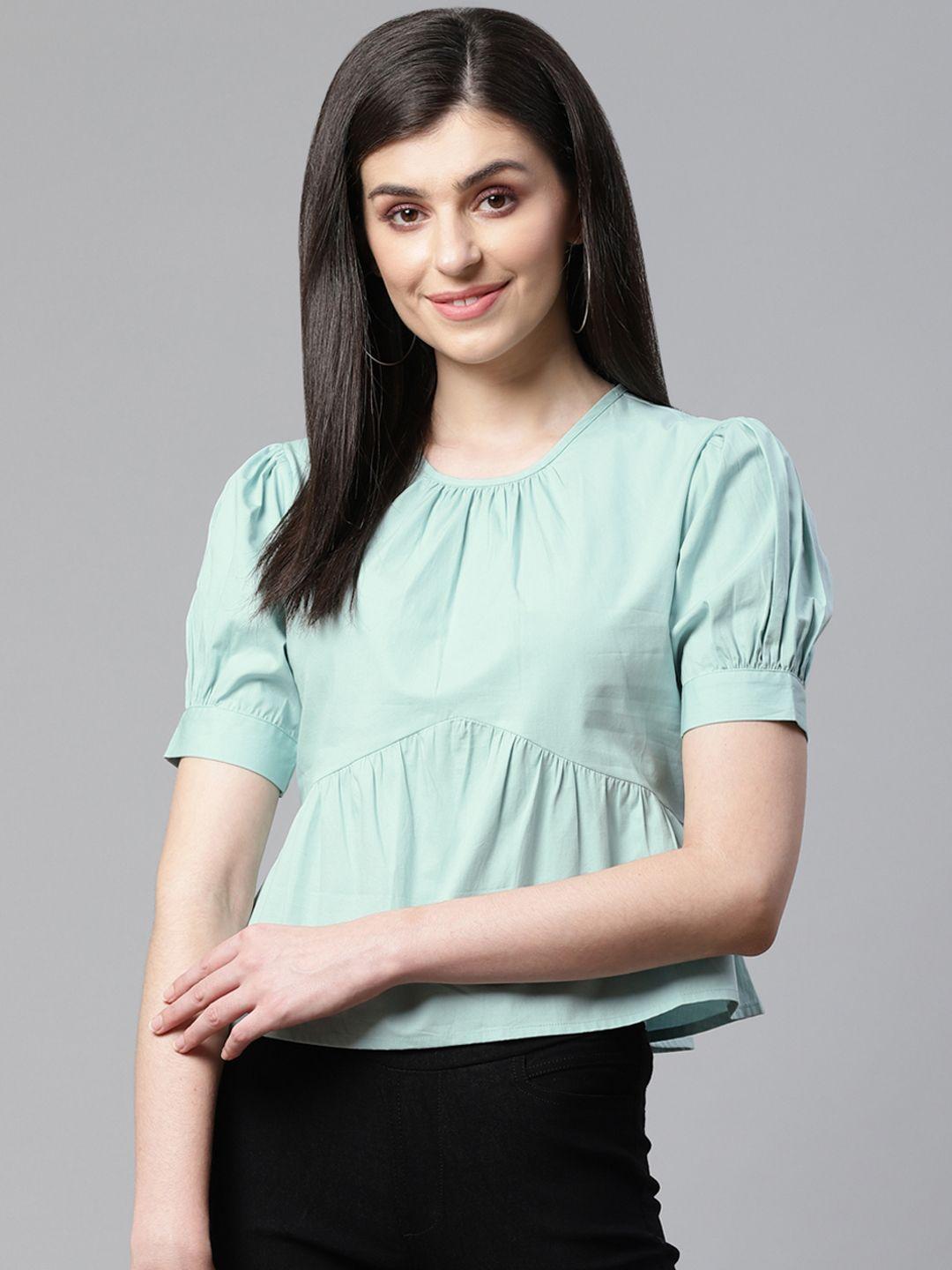 street-9-women-mint-green-solid-a-line-pure-cotton-top