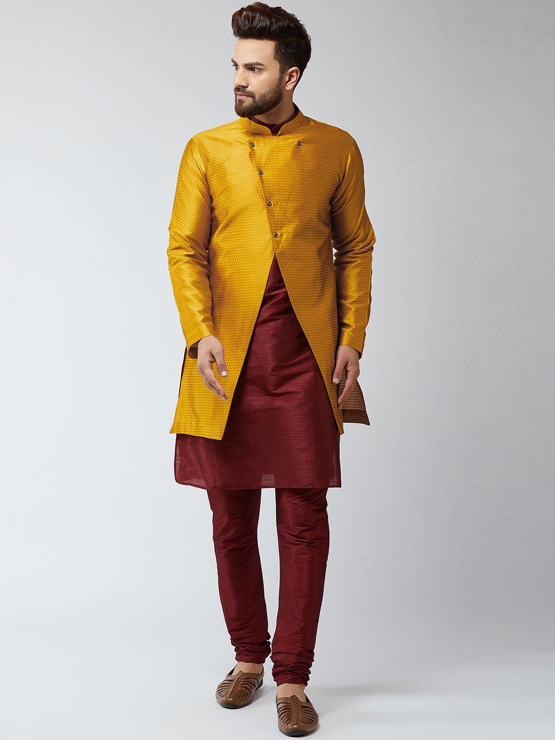 sojanya-men-maroon-&-mustard-yellow-self-design-sherwani-set