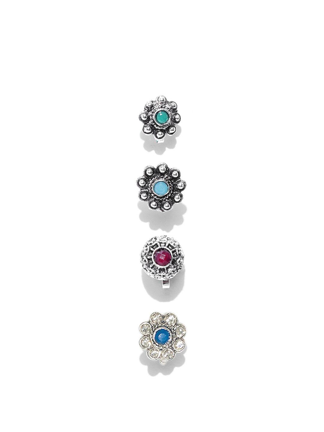 zaveri-pearls-set-of-4-oxidised-silver-plated-blue-&-red-stone-studded-clip-on-nosepins