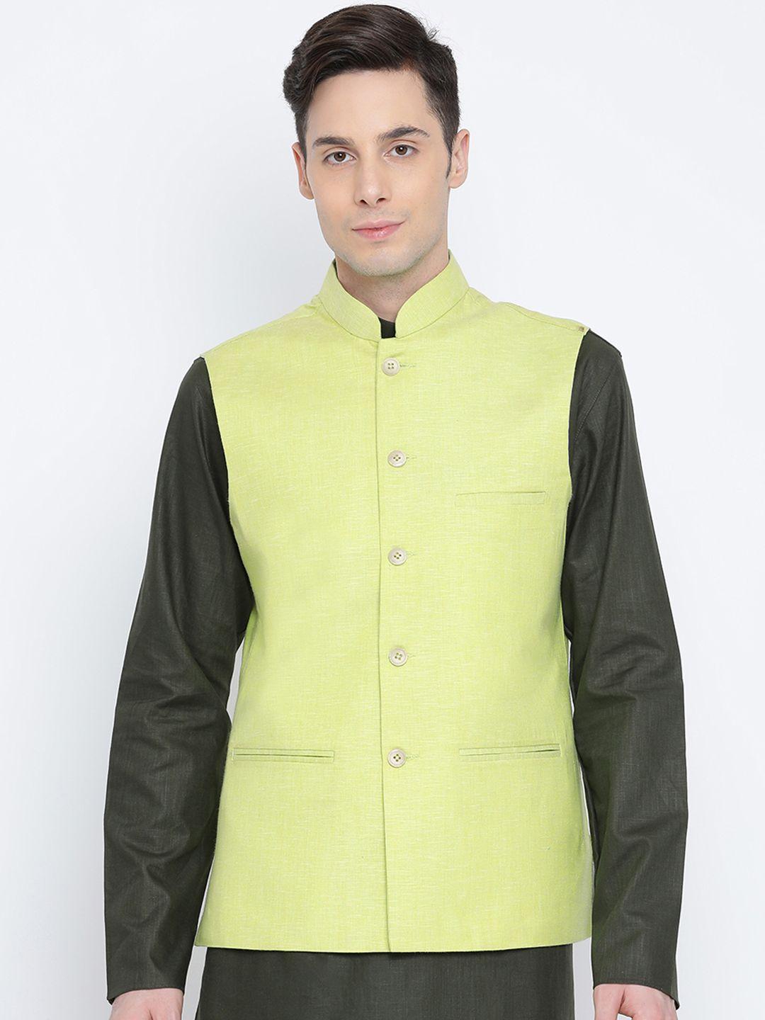 namaskar-men-green-solid-regular-fit-pure-cotton-nehru-jacket
